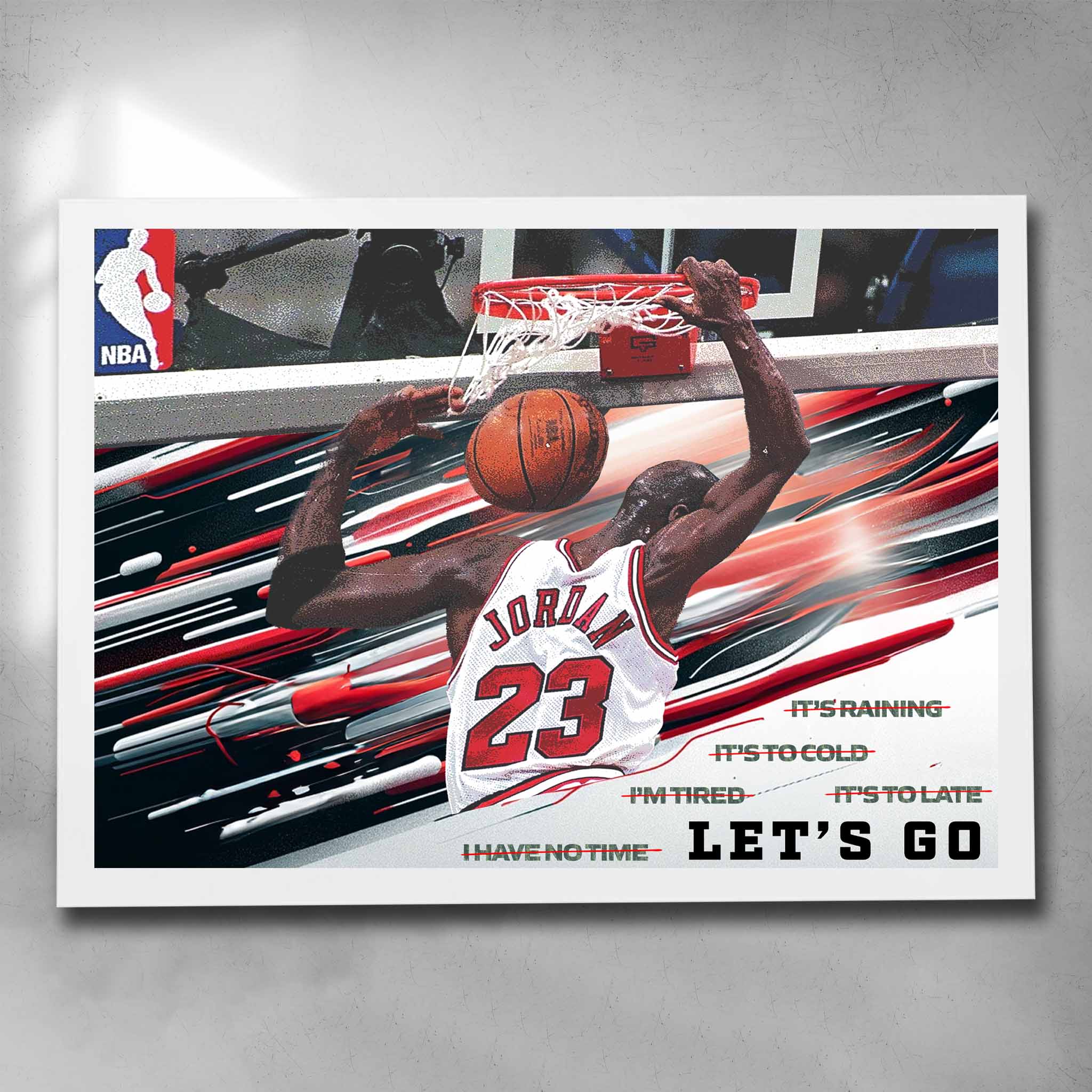 White framed NBA art by Sports Cave, featuring Michael Jordan: Lets Go, motivational quote.