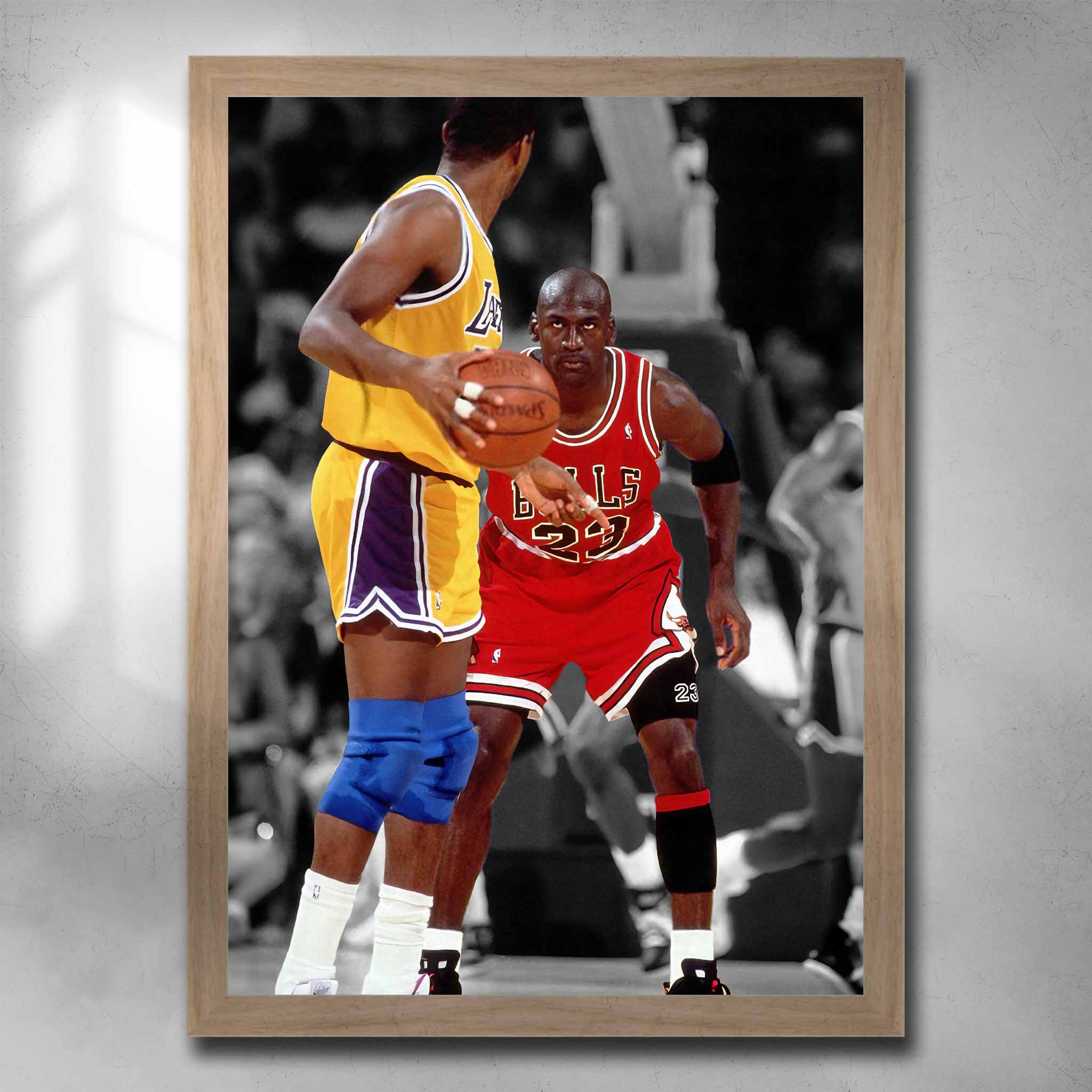 Oak framed NBA art by Sports Cave featuring Michael Jordan Staring down Magic Johnson. 