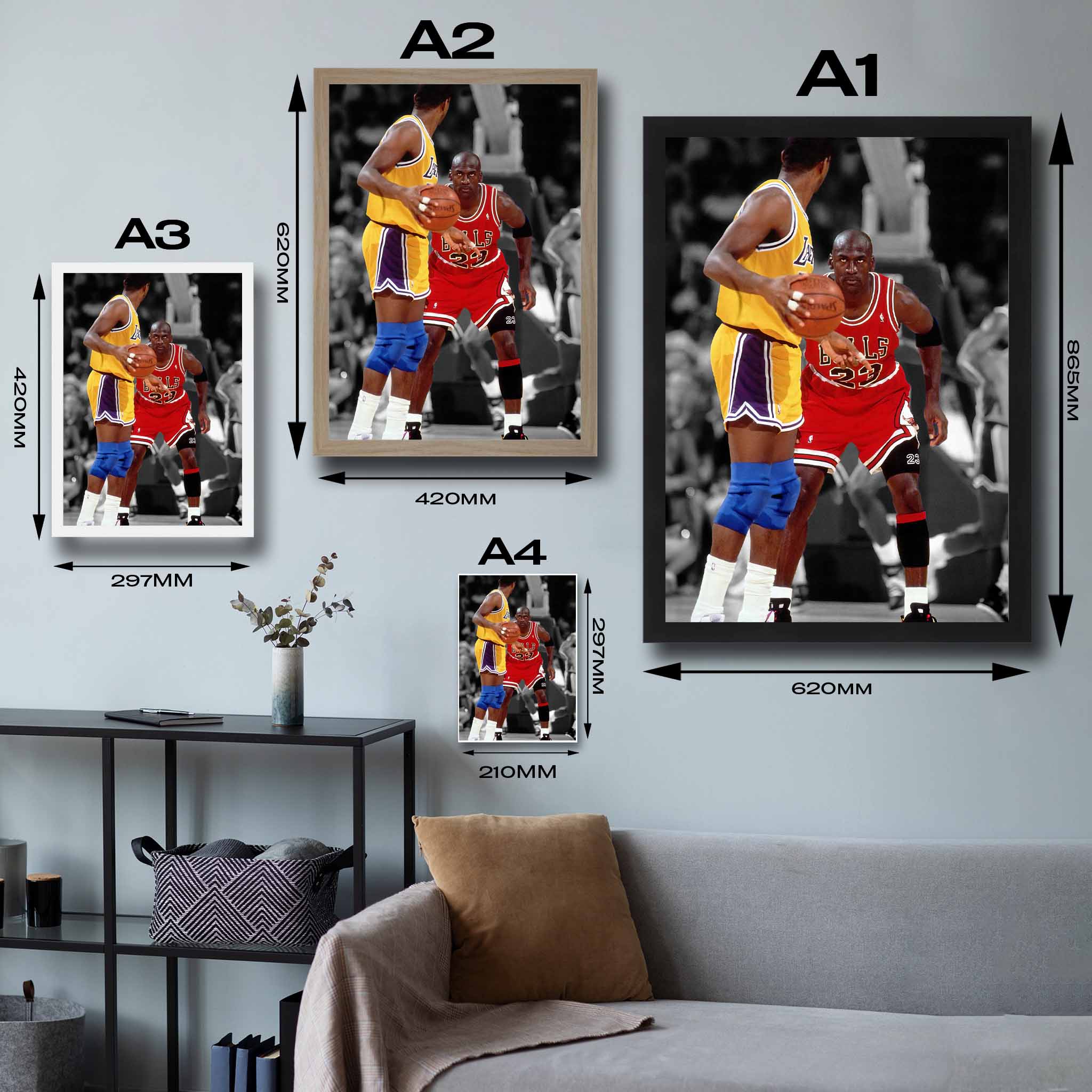 Visual representation of Michale Jordan vs Magic Johnson framed art size options, ranging from A4 to A2, for selecting the right size for your space.