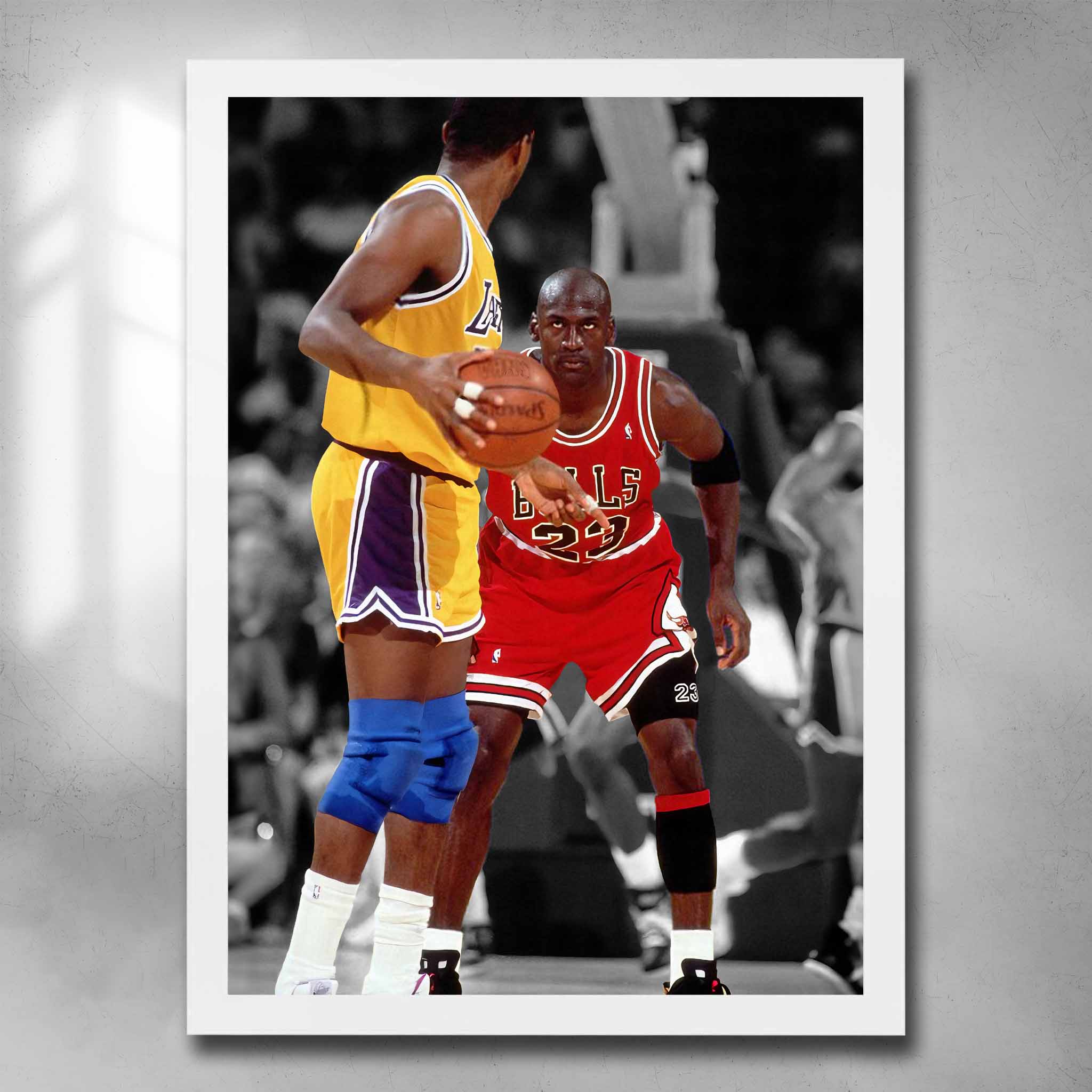 White framed NBA art by Sports Cave featuring Michael Jordan Staring down Magic Johnson. 