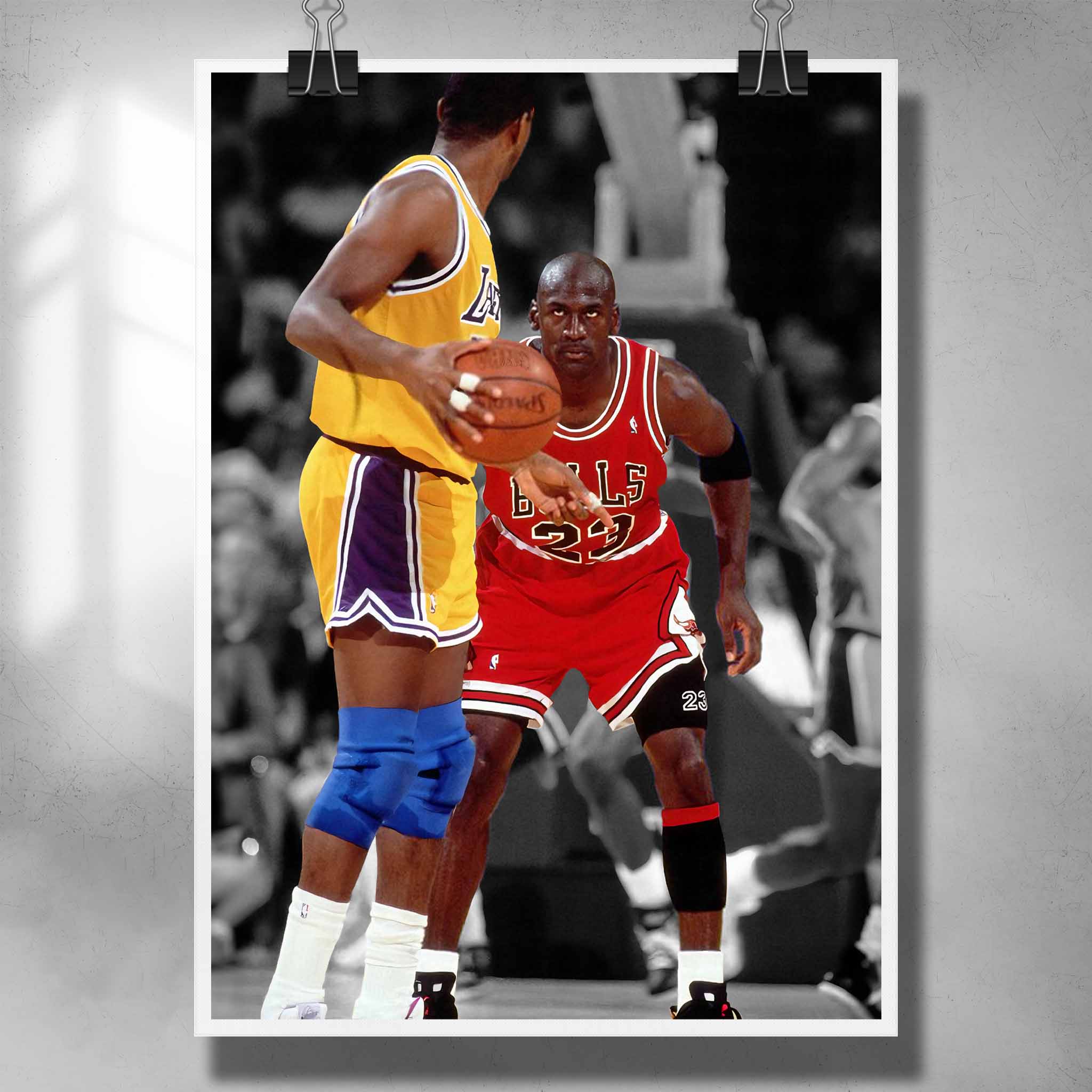 Unique NBA poster by Sports Cave featuring Michael Jordan Staring down Magic Johnson. 