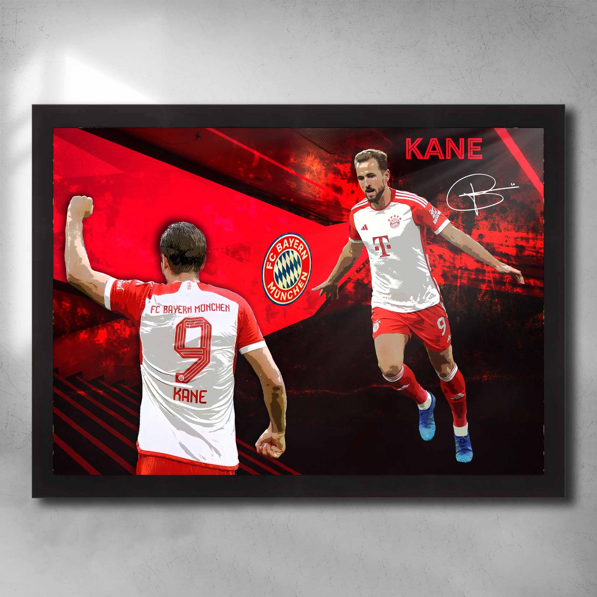 Black framed soccer art by Sports Cave, featuring Harry Kane from Bayern Munich.