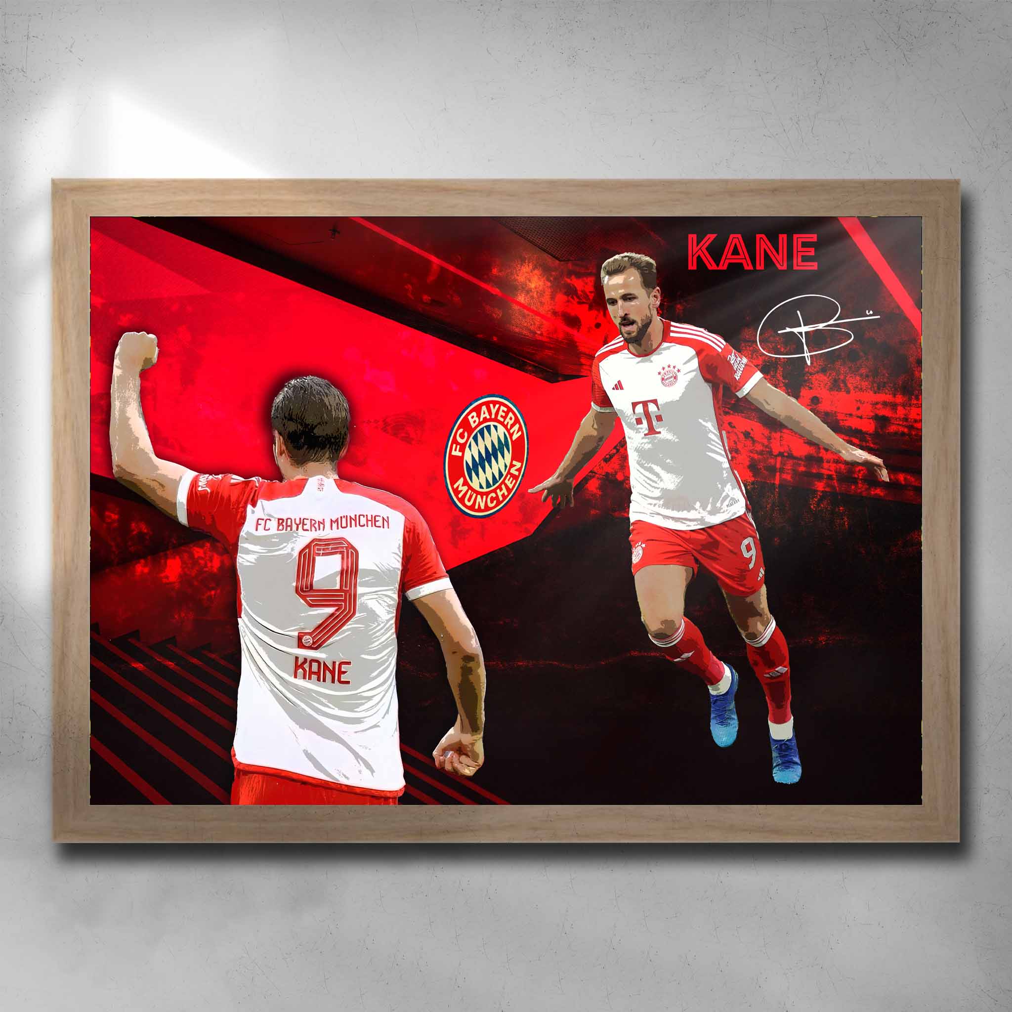 Oak framed soccer art by Sports Cave, featuring Harry Kane from Bayern Munich.