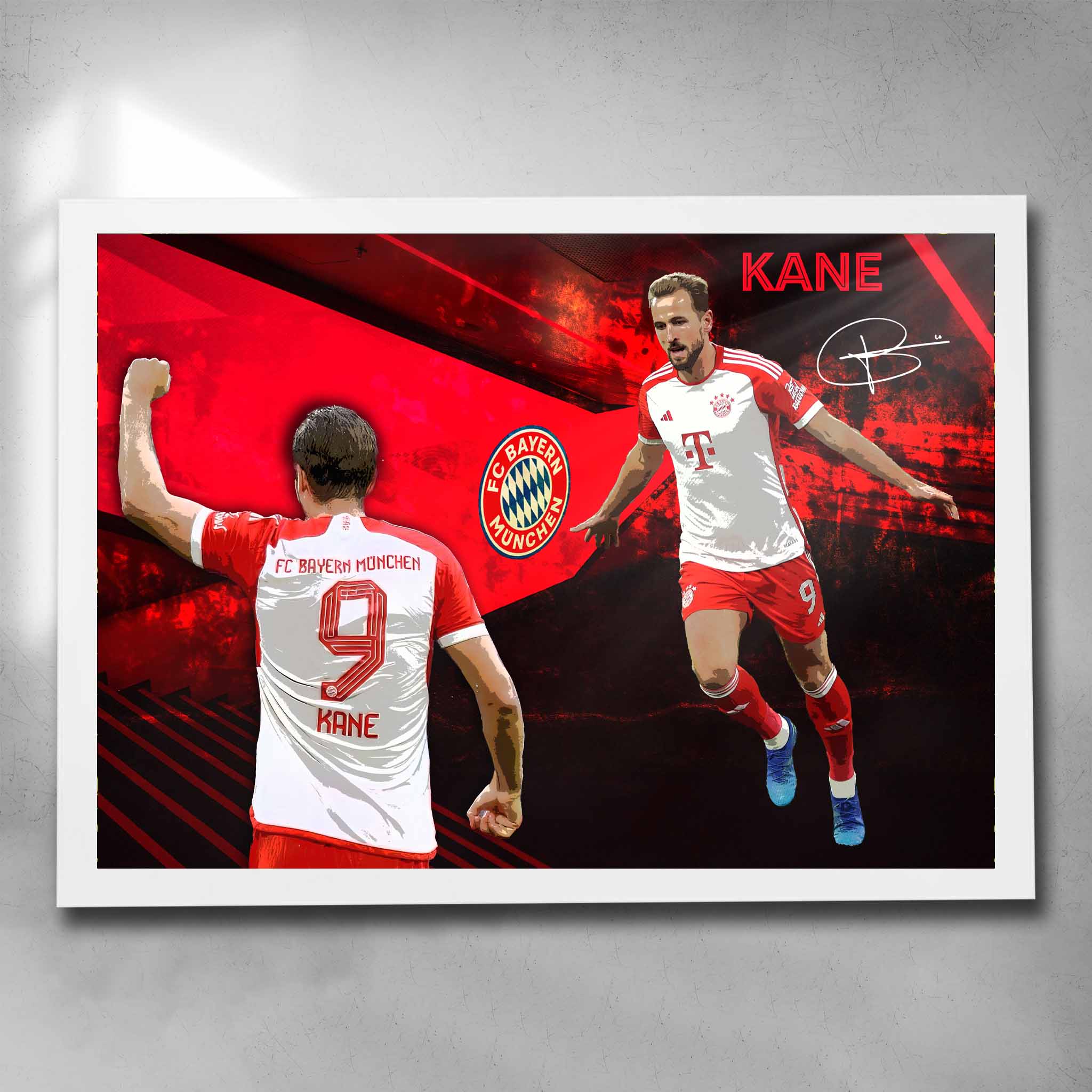 White framed soccer art by Sports Cave, featuring Harry Kane from Bayern Munich.