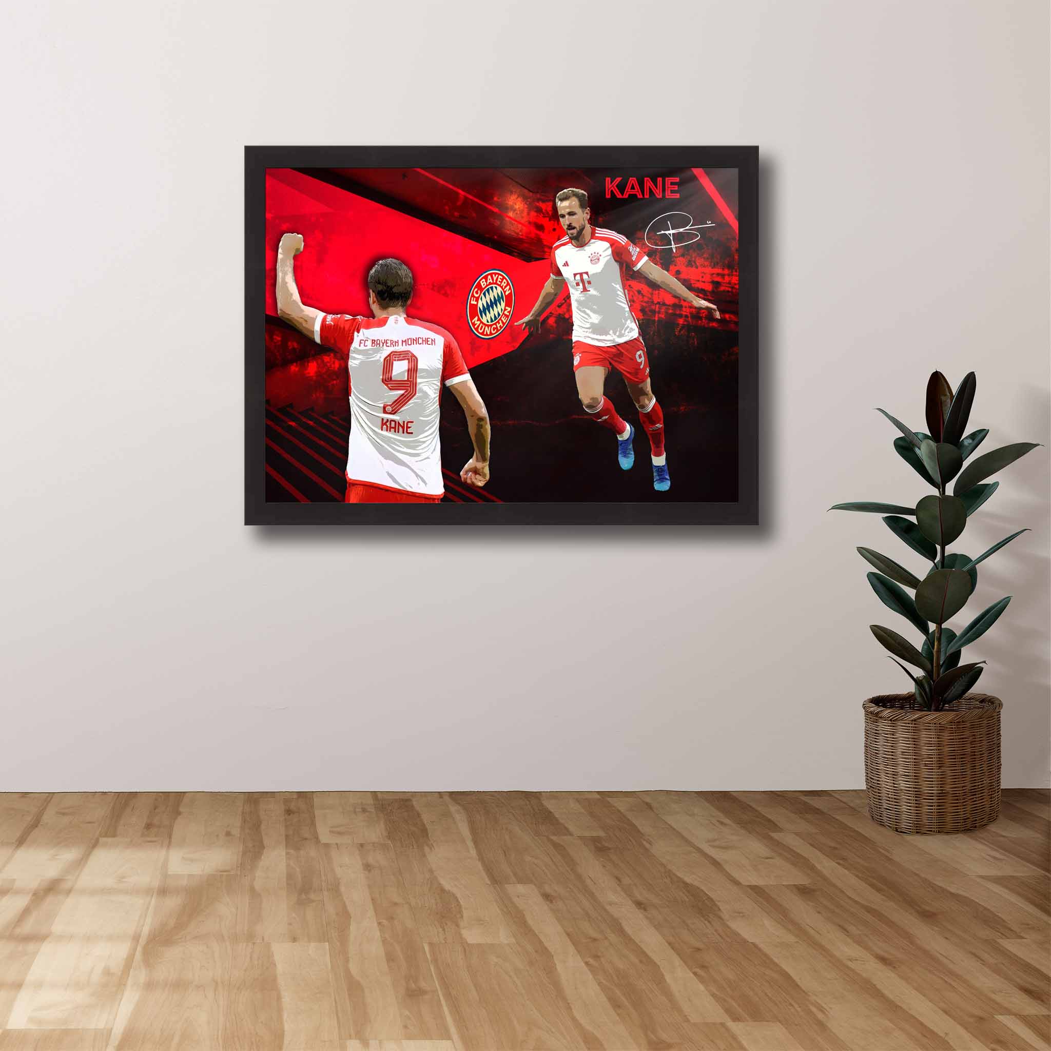 Devoted Bayern Munich FC fan's tribute: Harry Kane framed art proudly displayed on the wall.