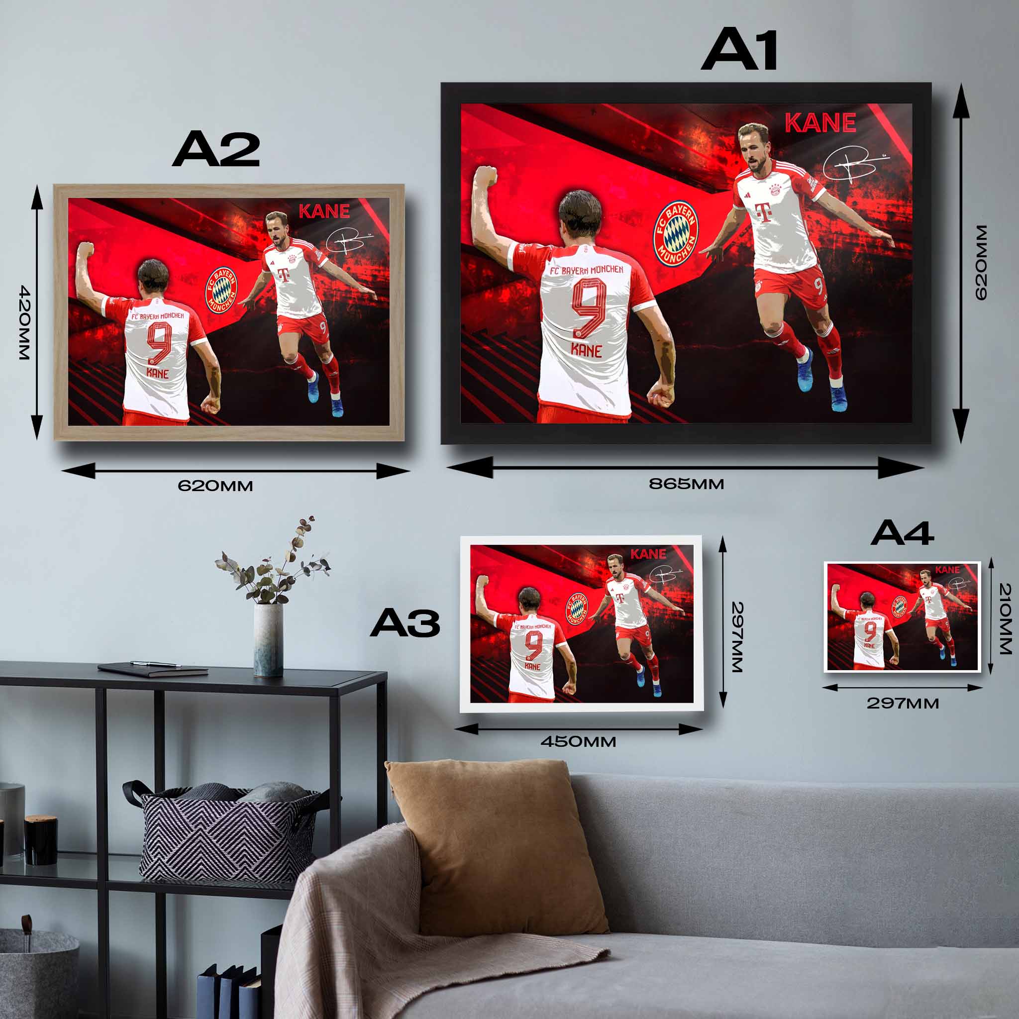 Visual representation of Harry Kane framed art size options, ranging from A4 to A2, for selecting the right size for your space.