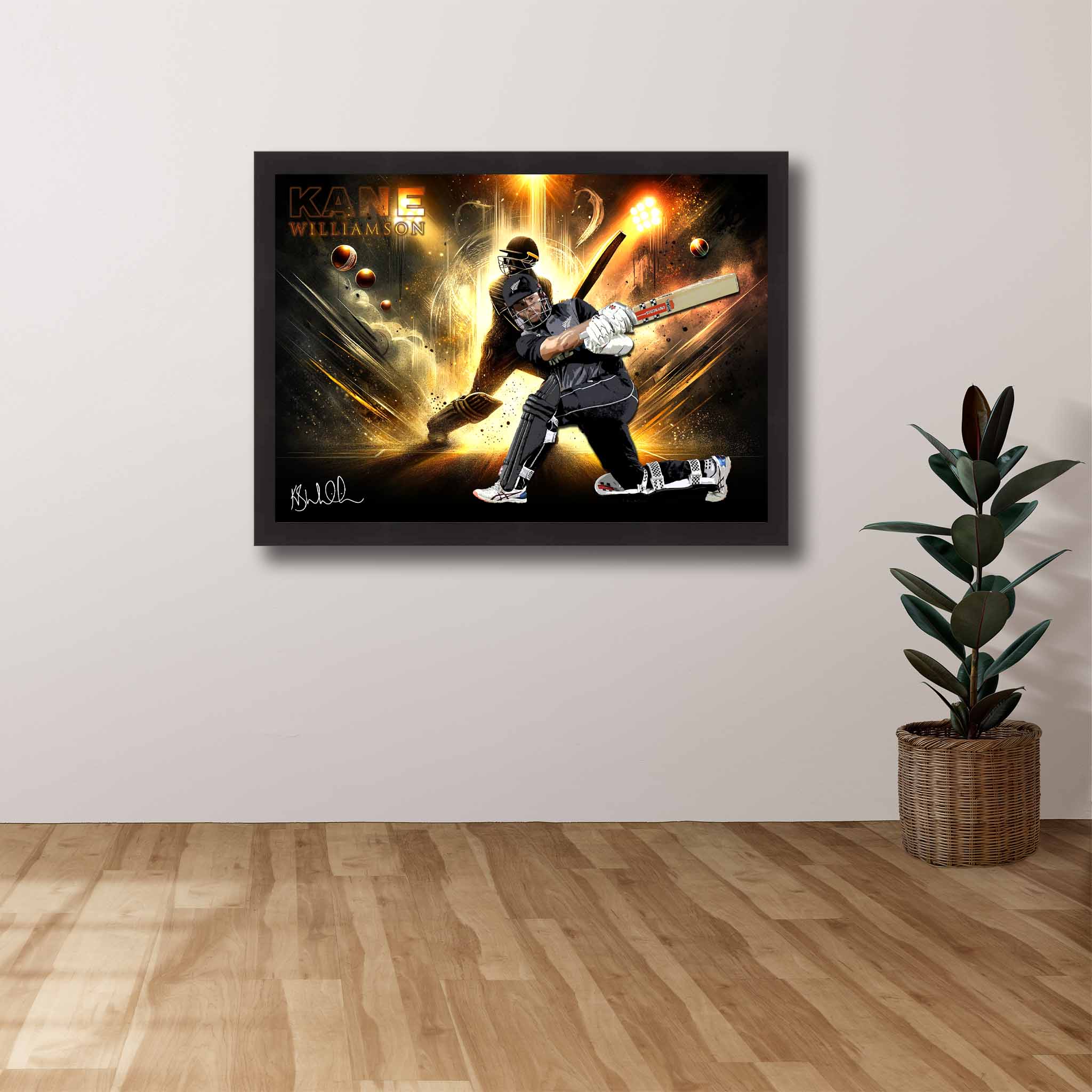 Kane Williamson Framed Art displayed on a wall. 