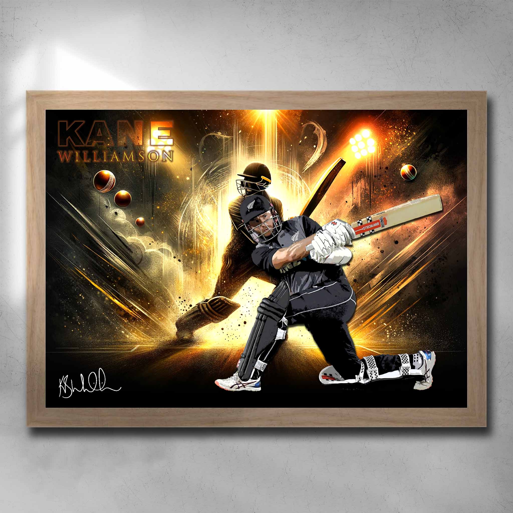 Oak framed cricket art featuring New Zealands Captain Kane Williamson - Artwork by Sports Cave.