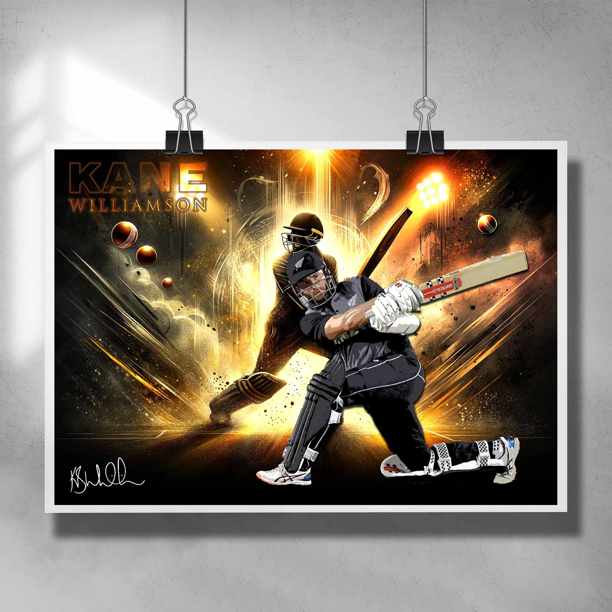 Unique signed cricket poster featuring New Zealands Captain Kane Williamson - Artwork by Sports Cave.