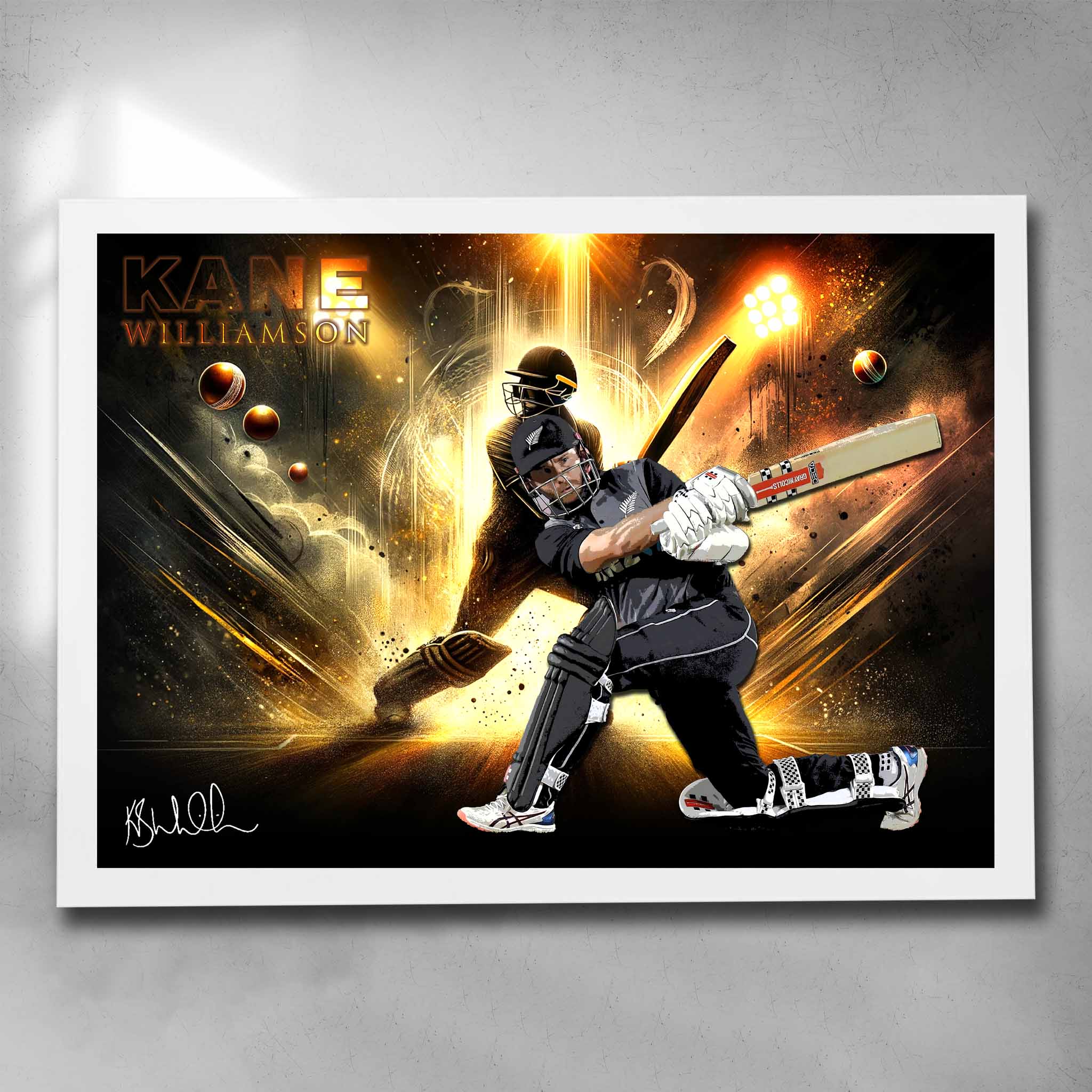 White framed cricket art featuring New Zealands Captain Kane Williamson - Artwork by Sports Cave.