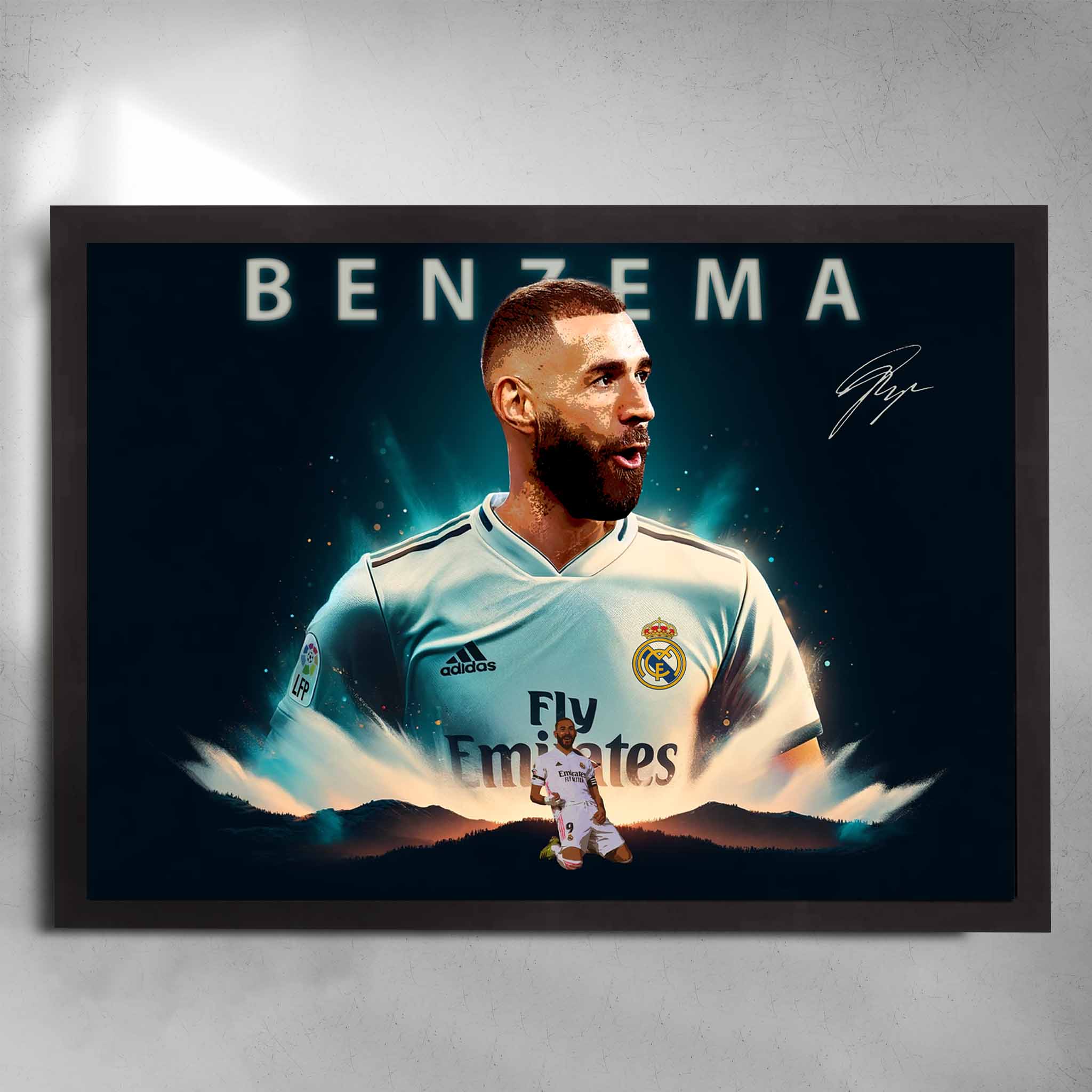 Black Framed Karim Benzema Real Madrid Poster Art by Sports Cave.