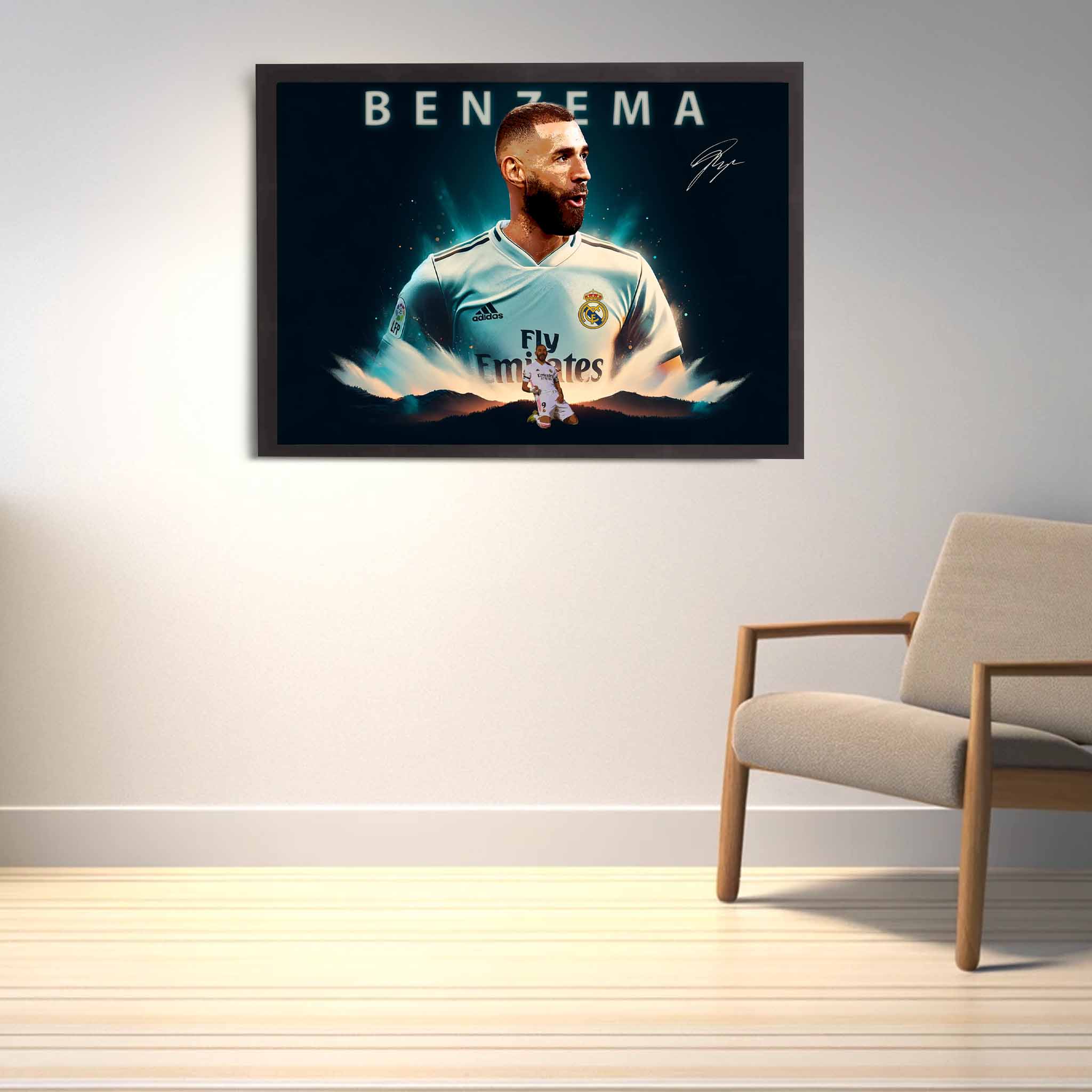 Karim Benzema fan with Real Madrid Home Decor on display in their man cave.