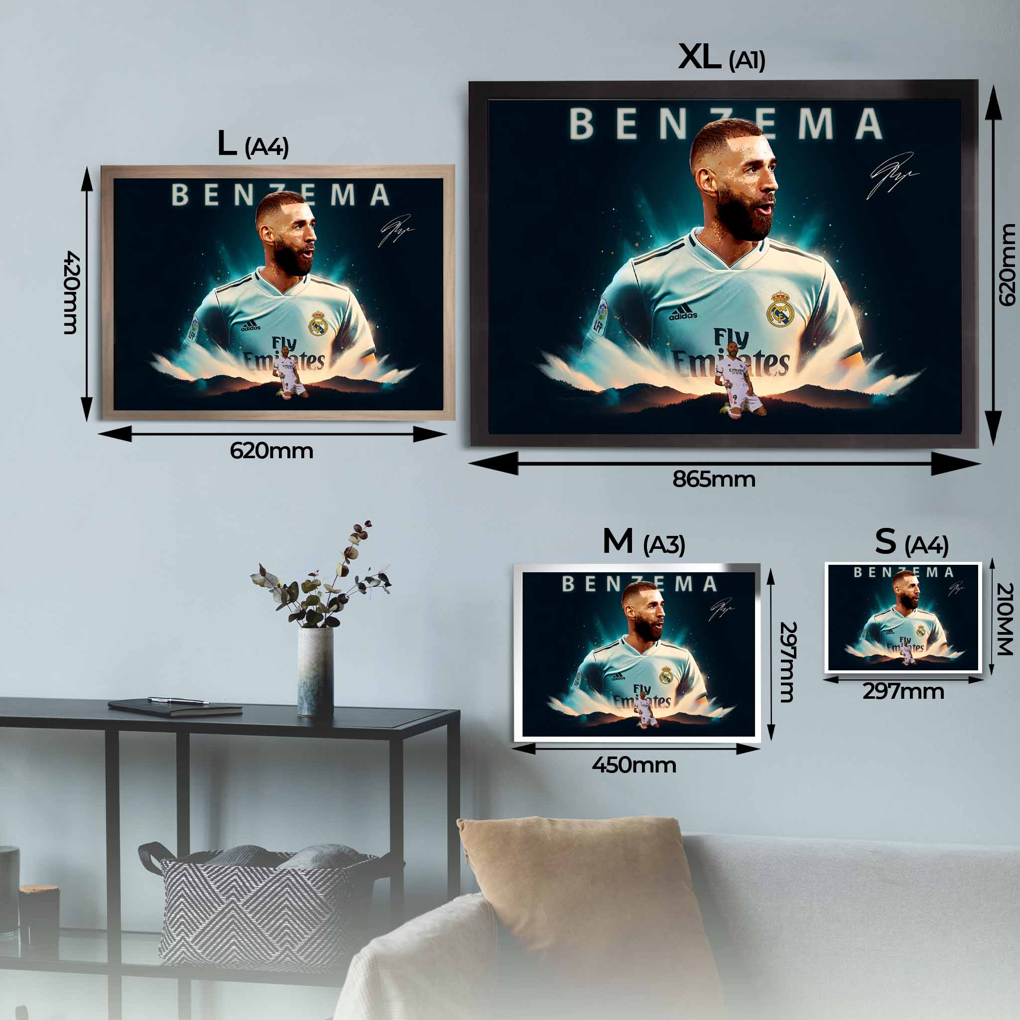 Karim Benzema Framed Poster Sizing Guide.