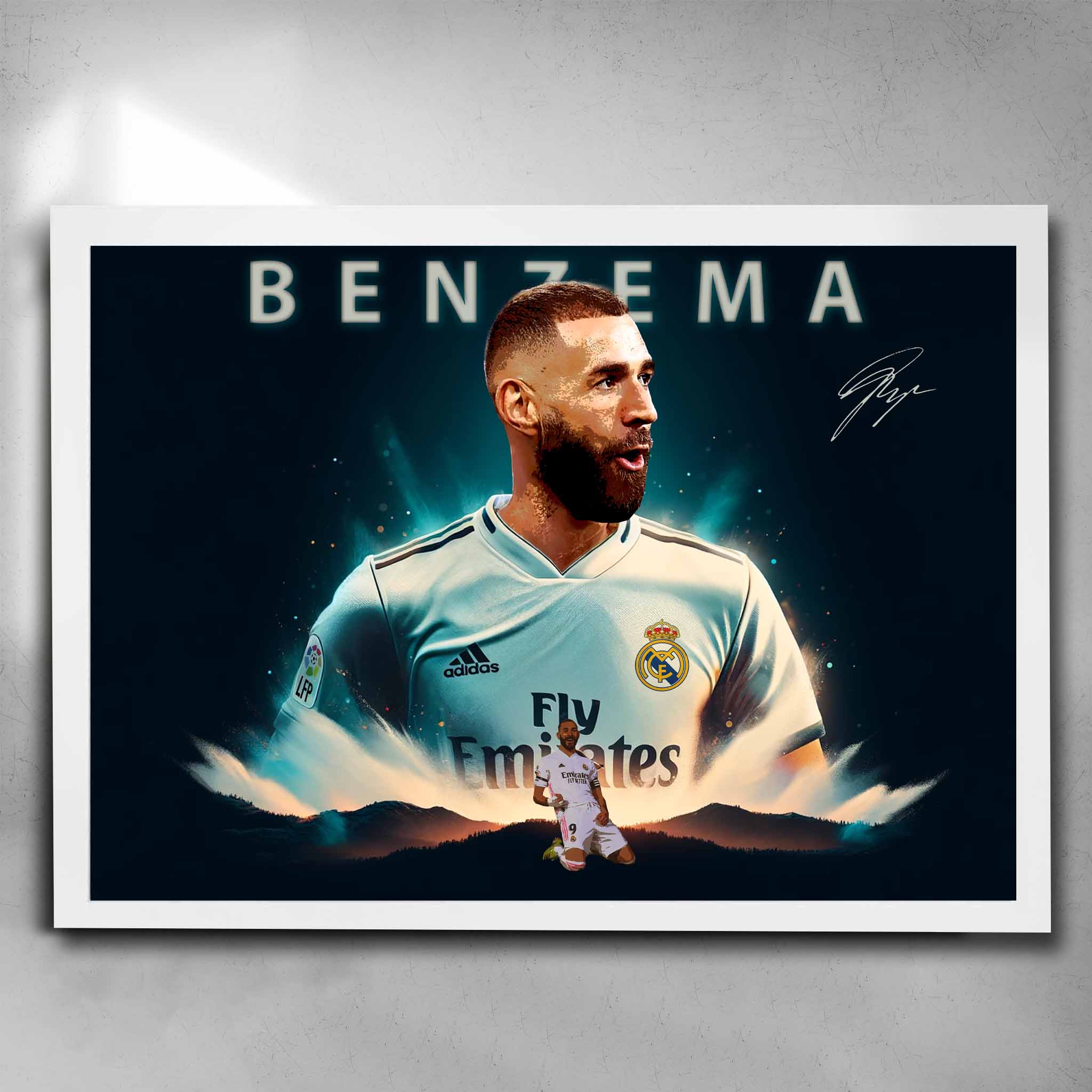 White Framed Karim Benzema Real Madrid Poster Art by Sports Cave.