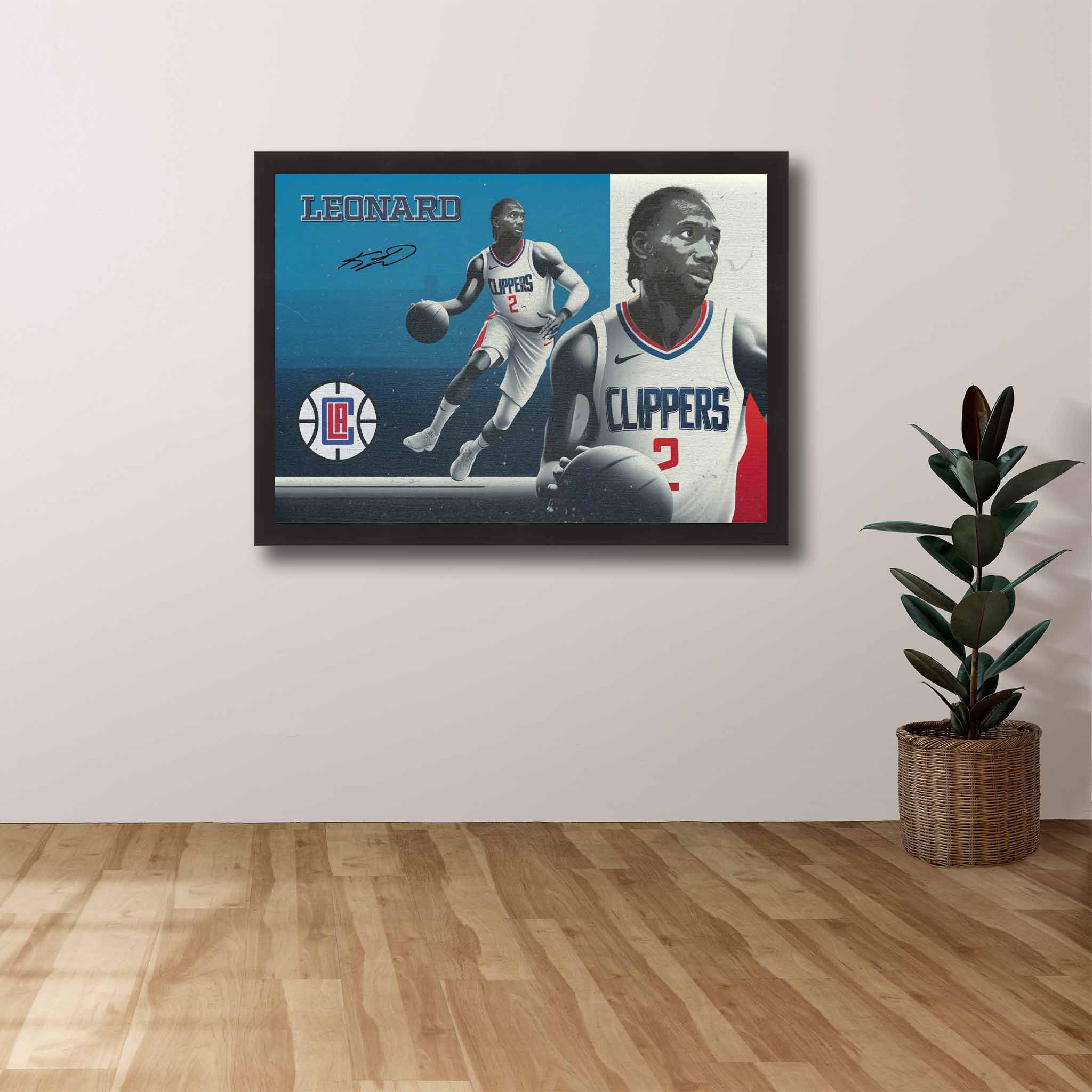 Devoted LA Clippers fan's tribute: Kawhi Leonard framed art proudly displayed on the wall.