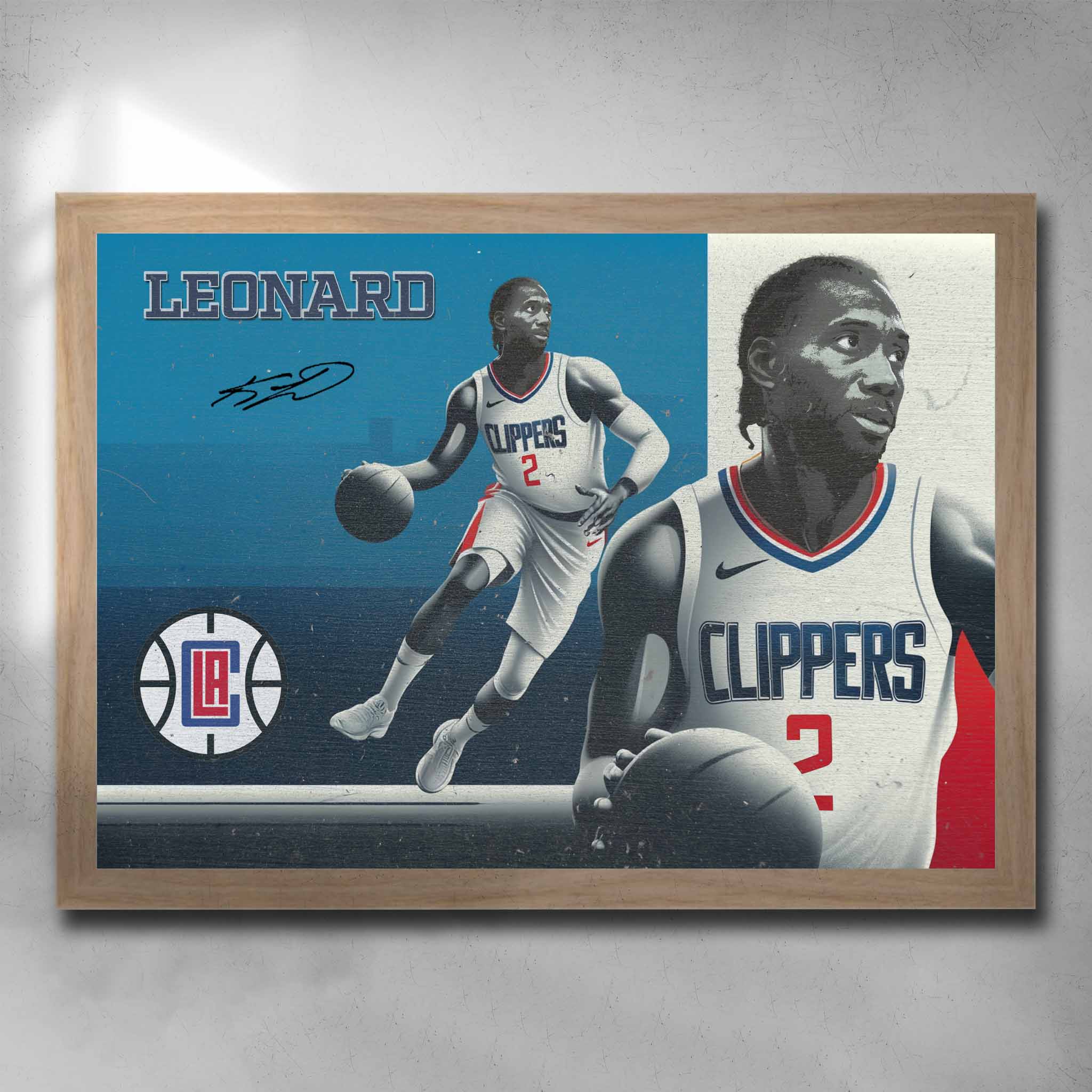 Oak framed NBA art by Sports Cave, featuring Kawhi Leonard from the LA Clippers.