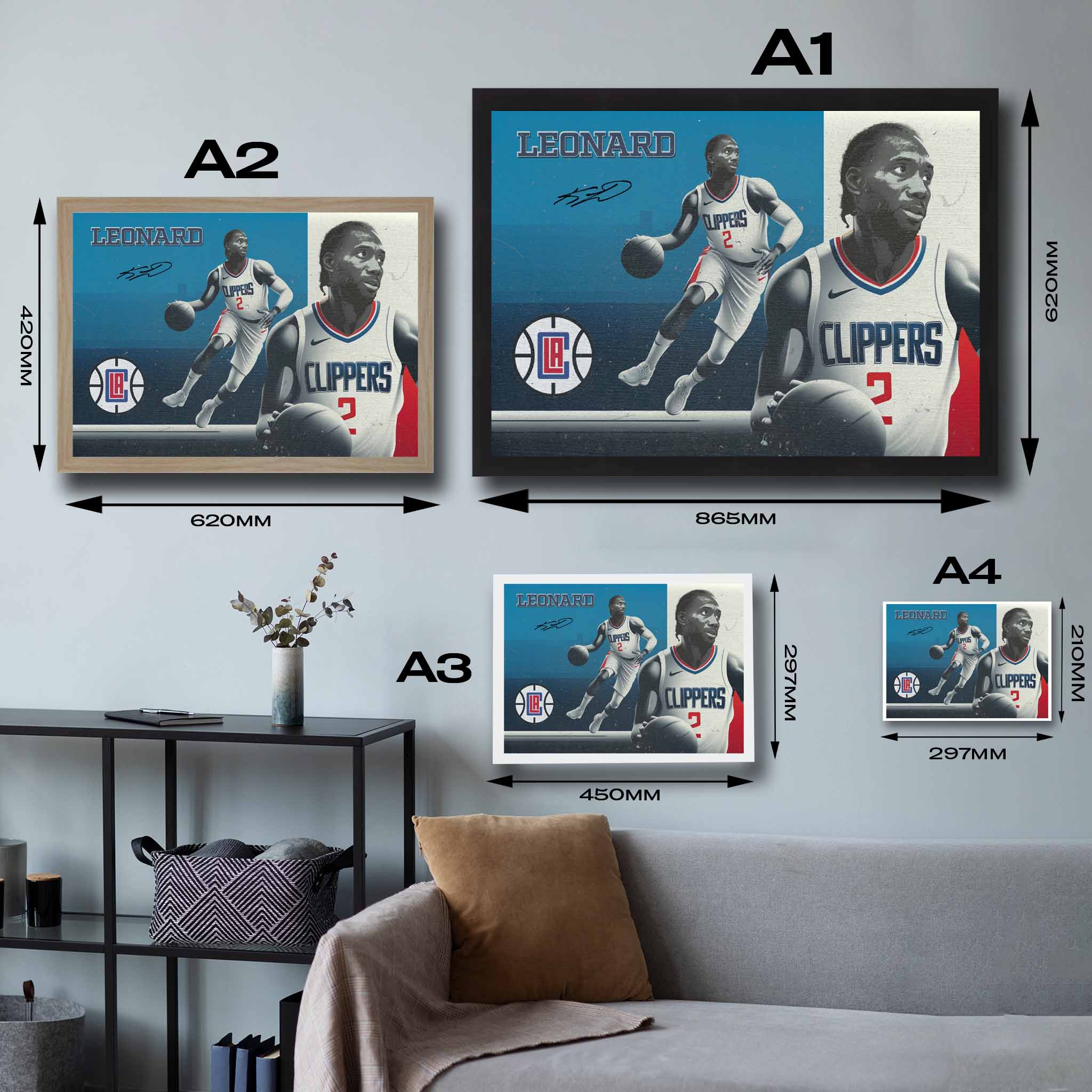 Visual representation of Kawhi Leonard framed art size options, ranging from A4 to A2, for selecting the right size for your space.