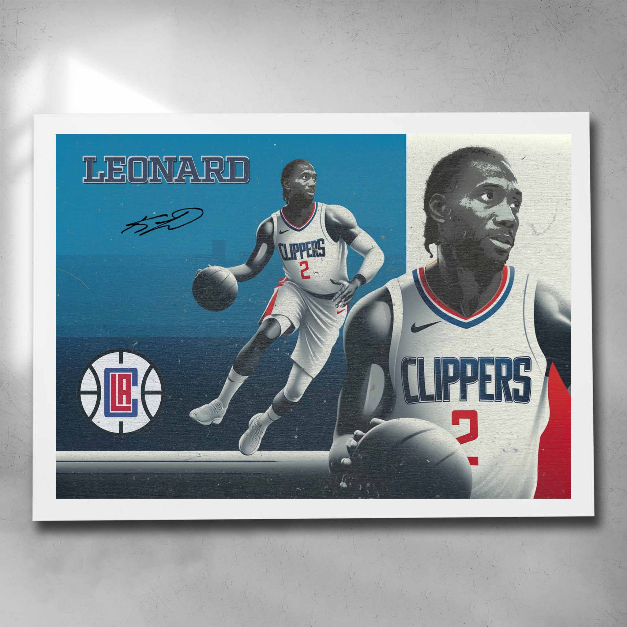 White framed NBA art by Sports Cave, featuring Kawhi Leonard from the LA Clippers.