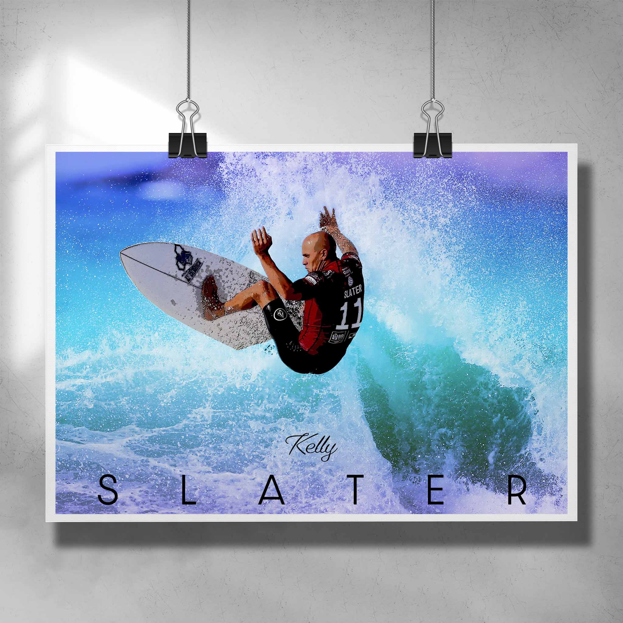 Unique surfing poster by Sports Cave, featuring the legend Kelly Slater riding a wave.