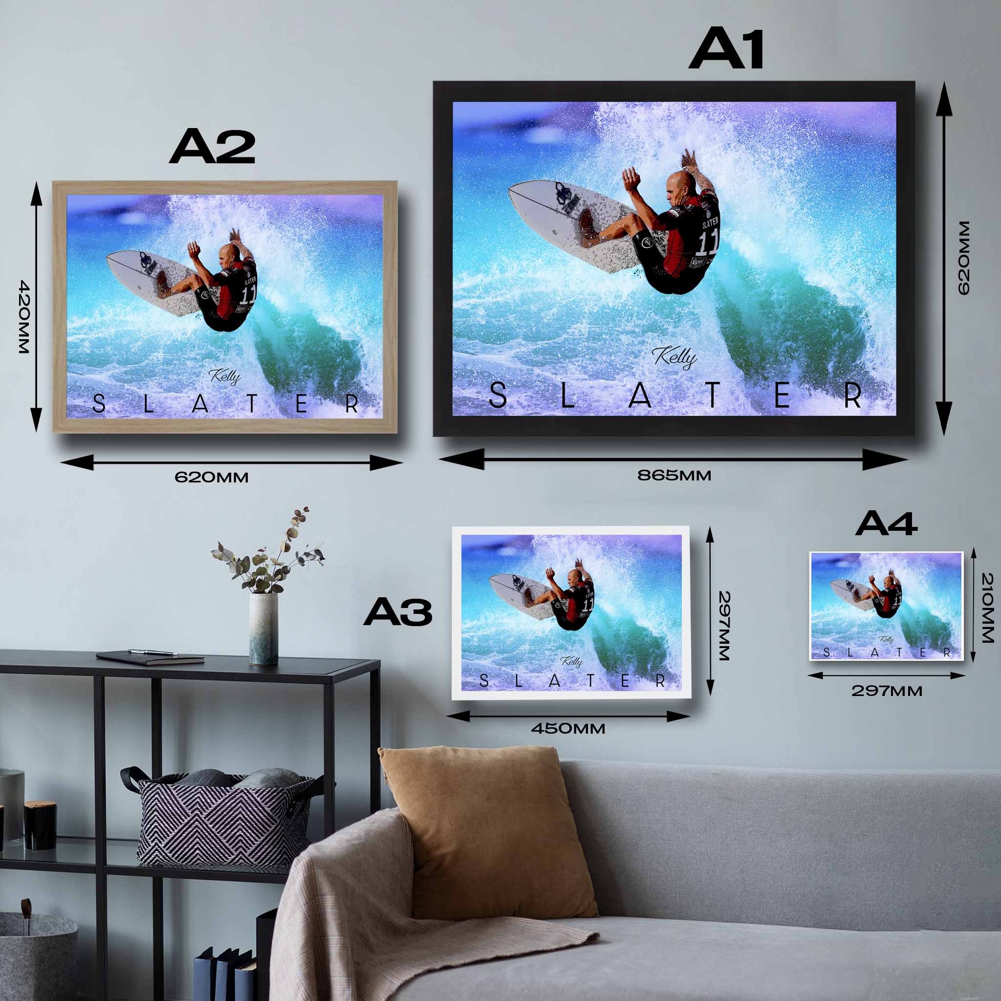 Visual representation of Kelly Slater framed art size options, ranging from A4 to A2, for selecting the right size for your space.