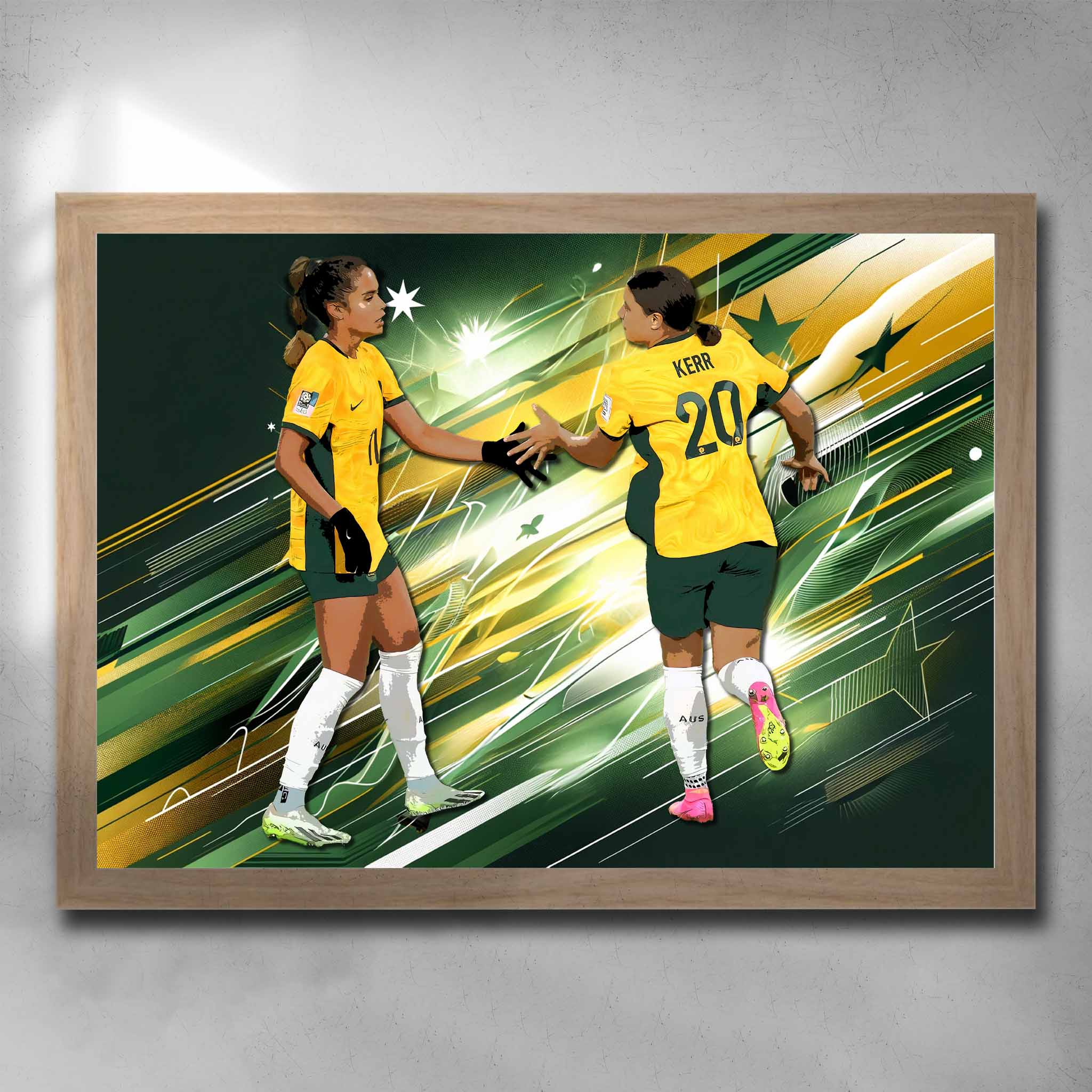 Oak framed women's soccer artwork by Sports Cave, featuring Sam Kerr & Mary Fowler from the Australian Matilda's.