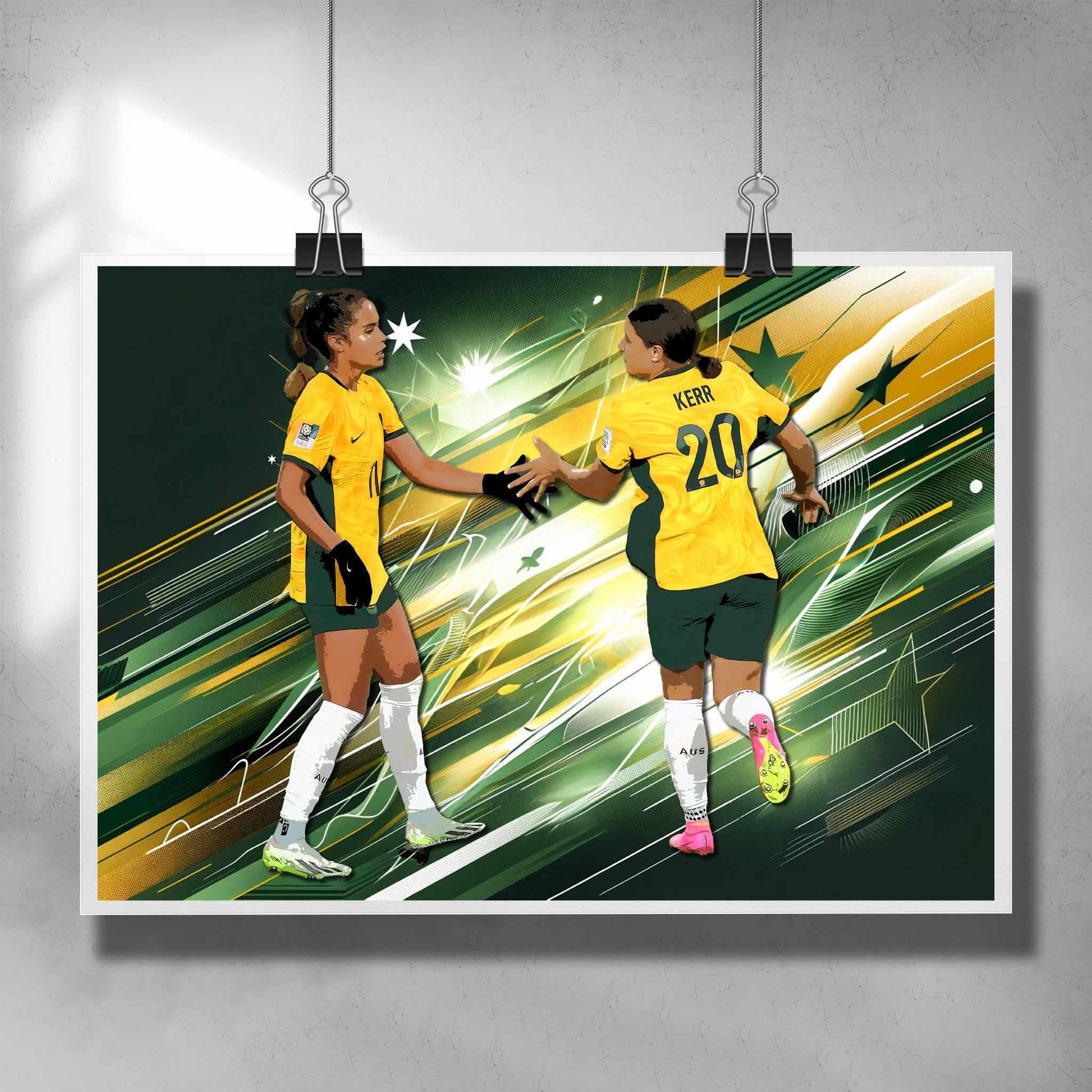 Unique women's soccer poster by Sports Cave, featuring Sam Kerr & Mary Fowler from the Australian Matilda's.