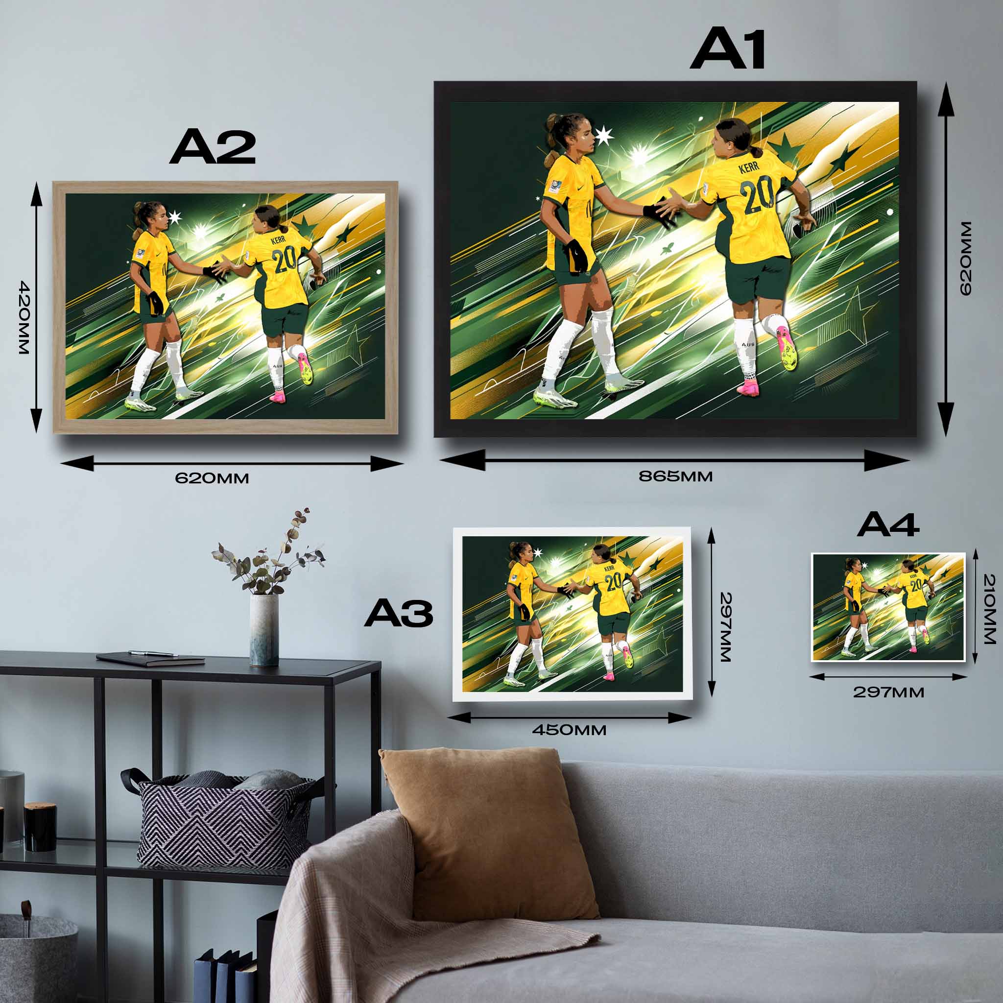 Visual representation of Sam Kerr and Mary Fowler framed art size options, ranging from A4 to A2, for selecting the right size for your space.