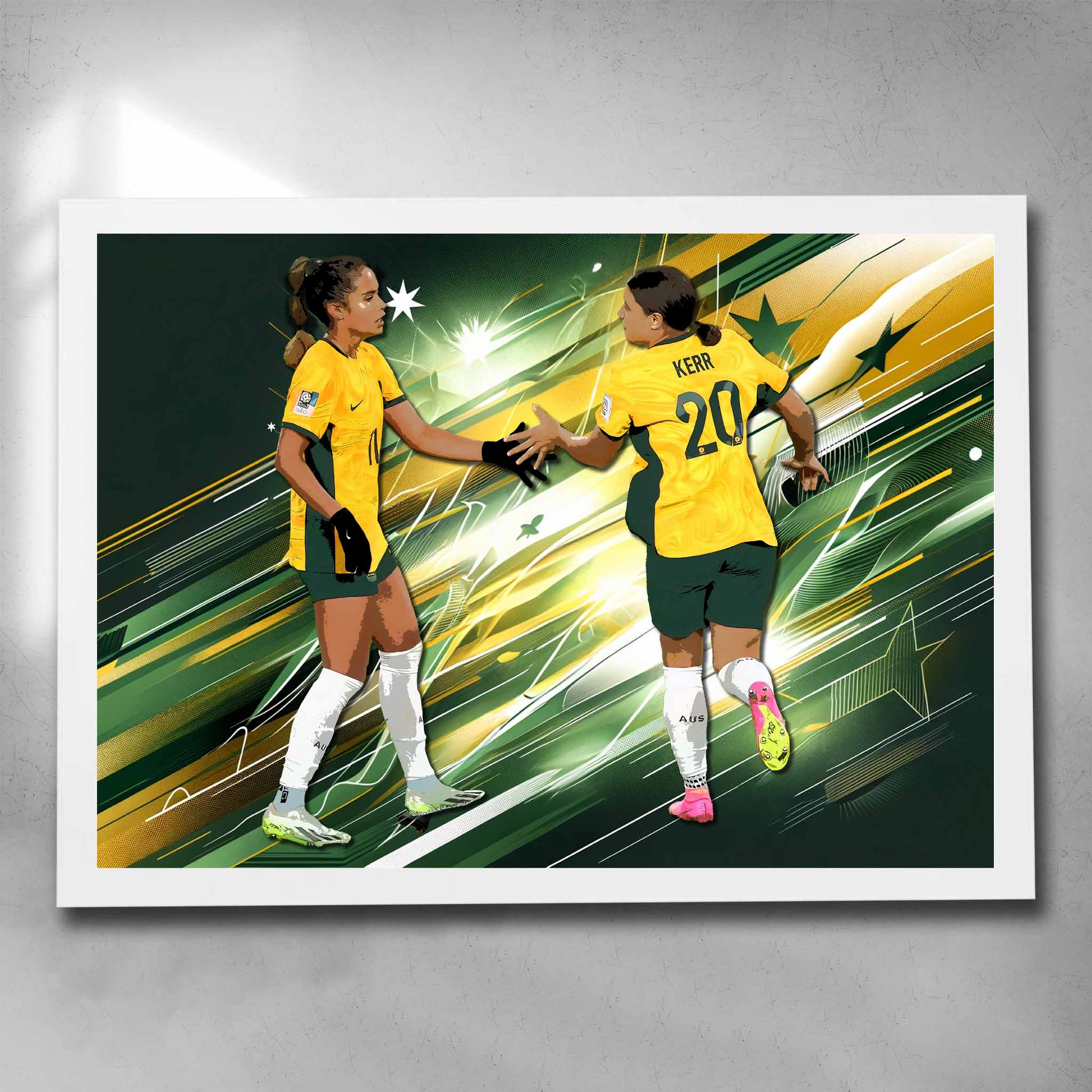 White framed women's soccer artwork by Sports Cave, featuring Sam Kerr & Mary Fowler from the Australian Matilda's.