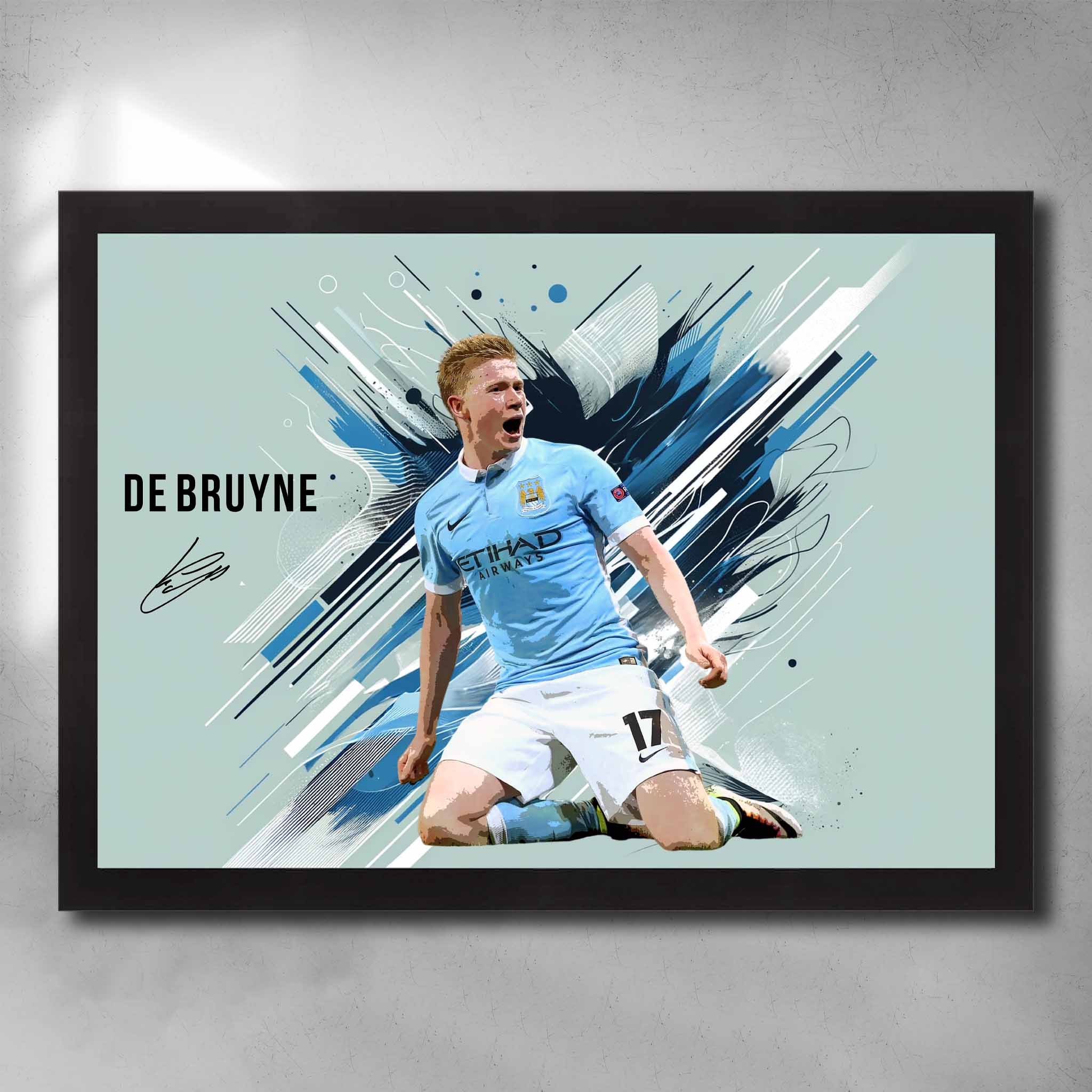 Black framed soccer art by Sports Cave, featuring Kevin DeBruyne from Manchester City.