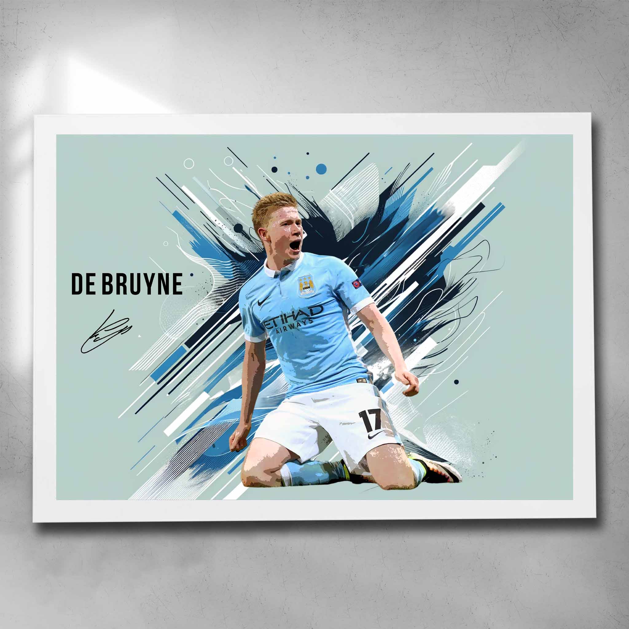 White framed soccer art by Sports Cave, featuring Kevin DeBruyne from Manchester City.