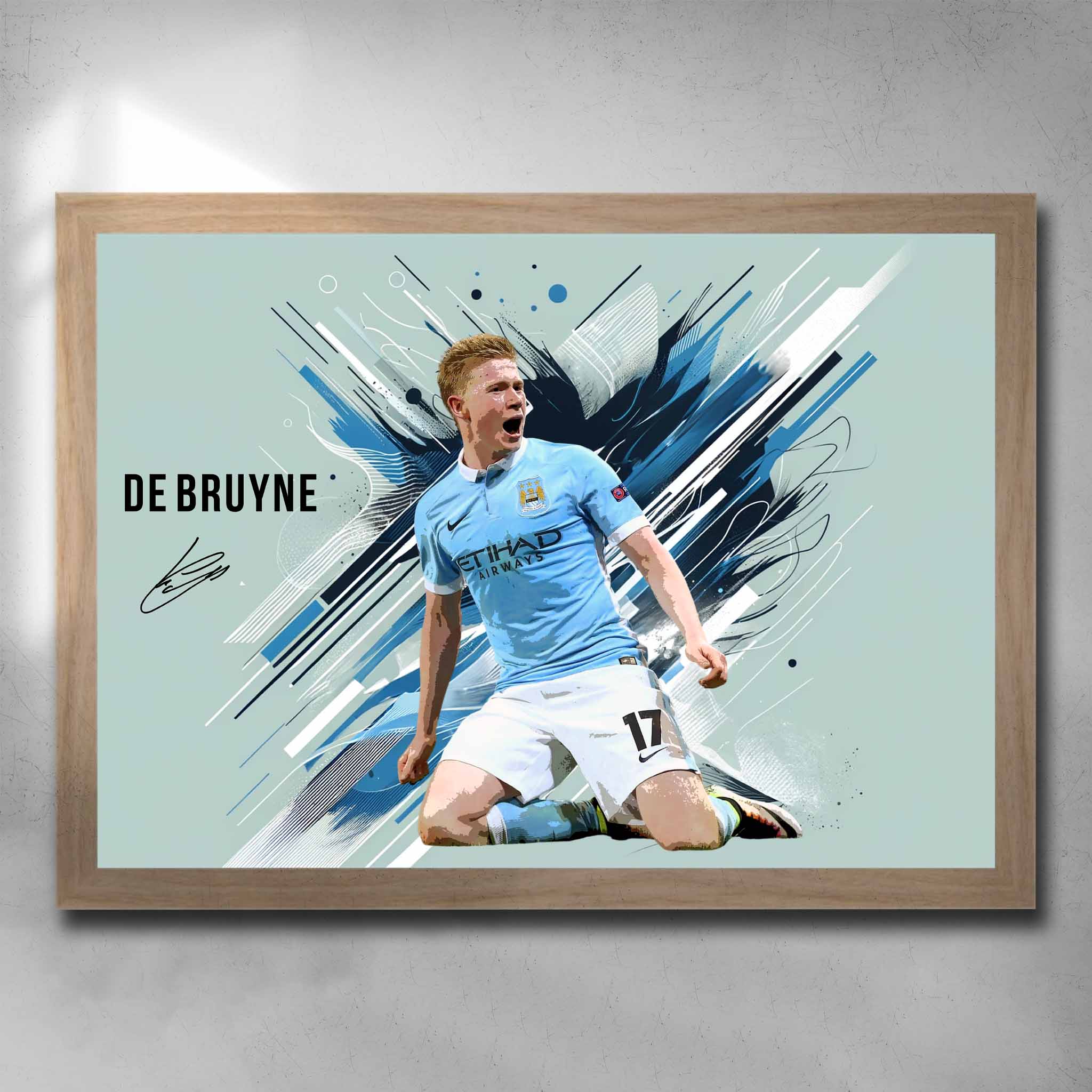 Oak framed soccer art by Sports Cave, featuring Kevin DeBruyne from Manchester City.