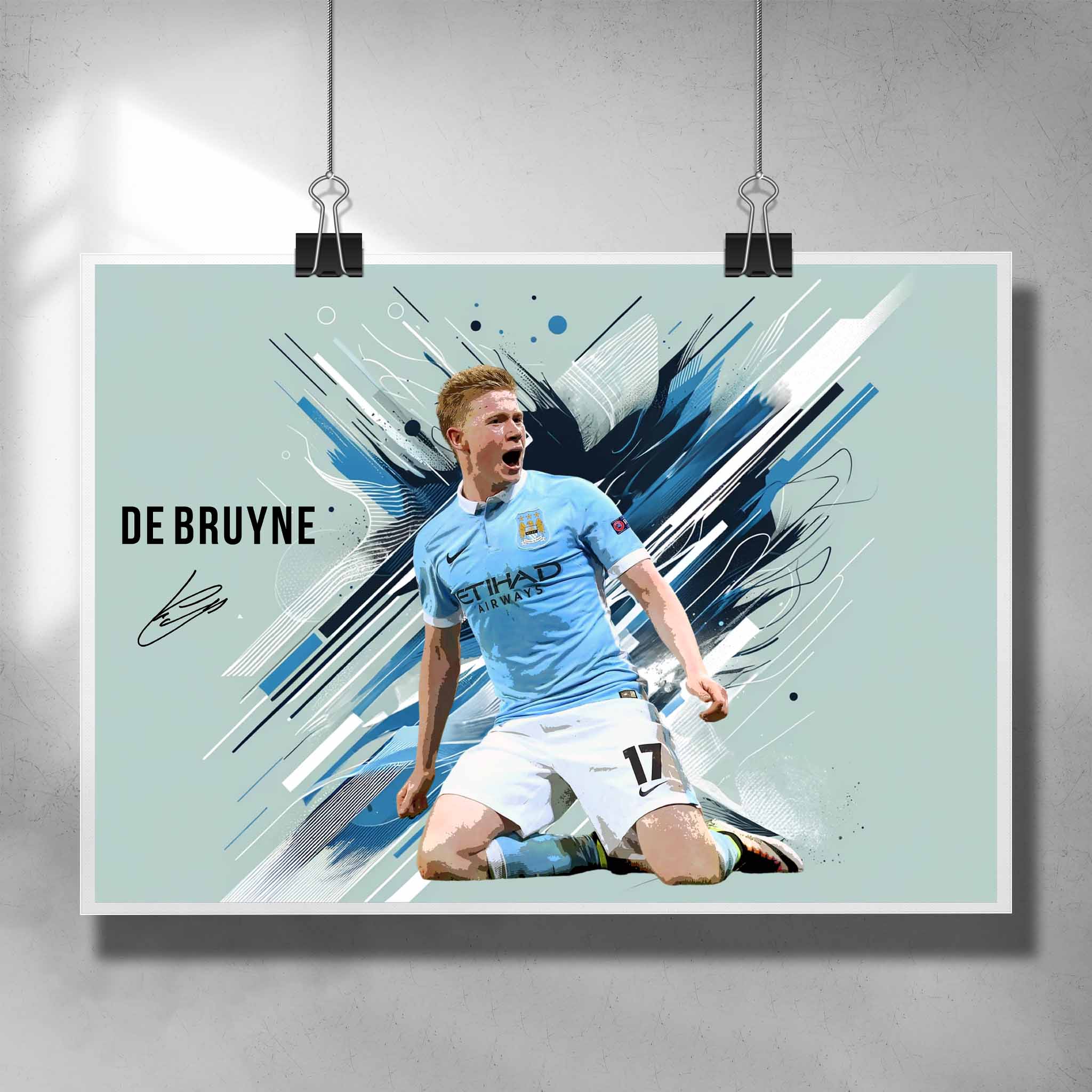 Unique soccer poster by Sports Cave, featuring Kevin DeBruyne from Manchester City.