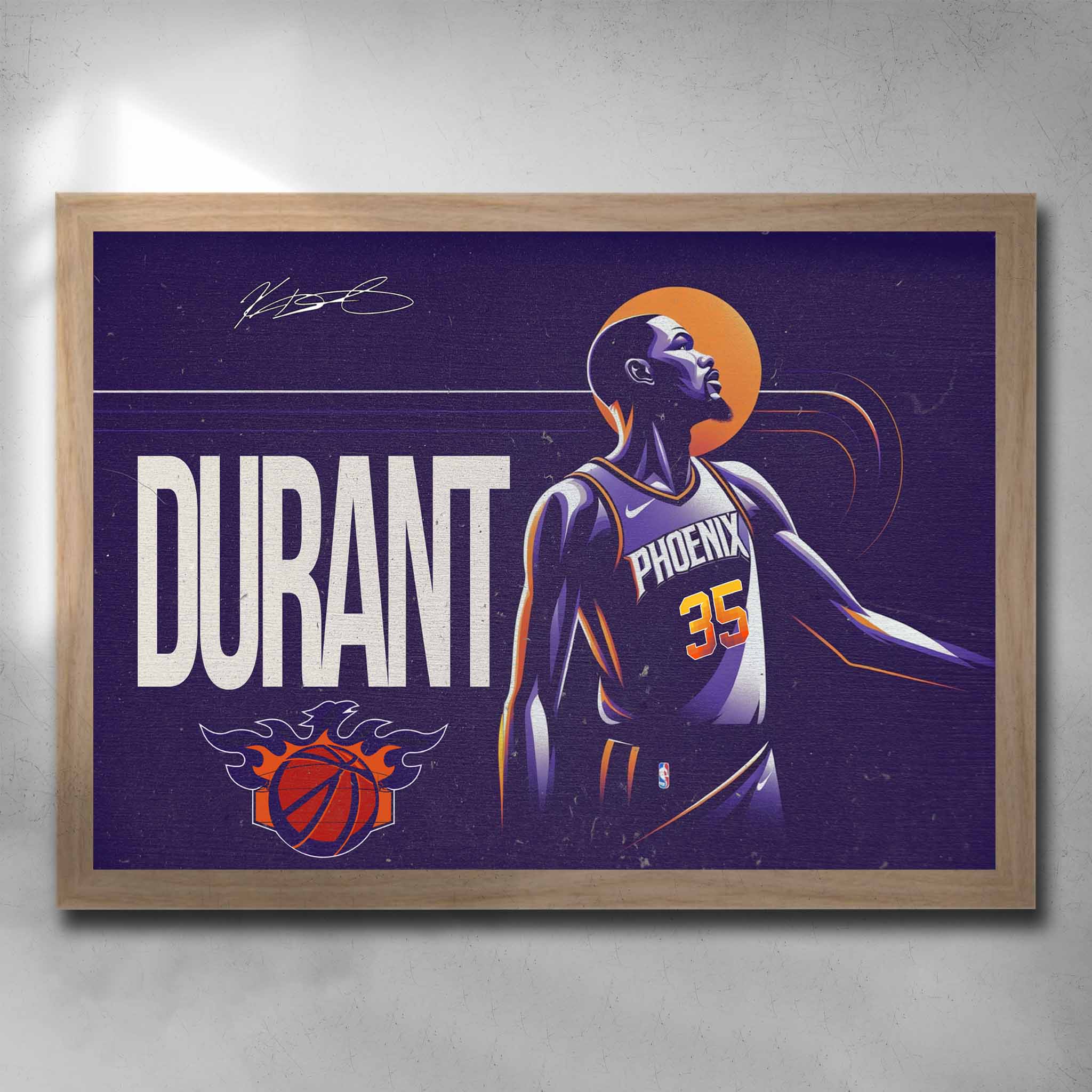 Oak framed basketball art by Sports Cave, featuring NBA star Kevin Durant from the Pheonix Suns.