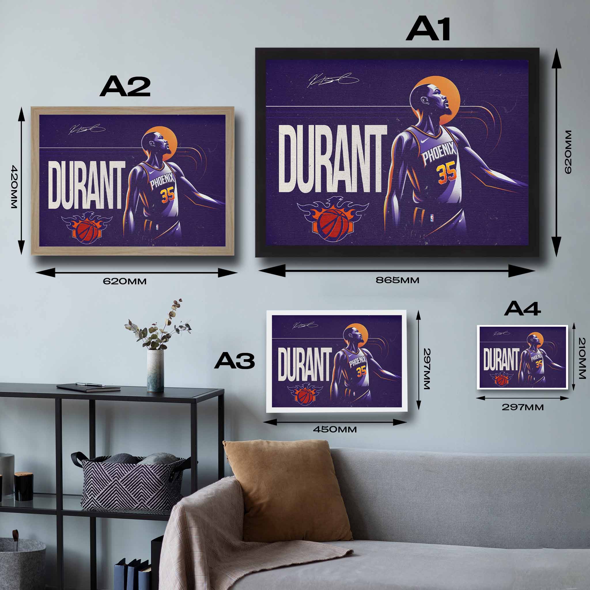 Visual representation of Kevin Durant framed art size options, ranging from A4 to A2, for selecting the right size for your space.