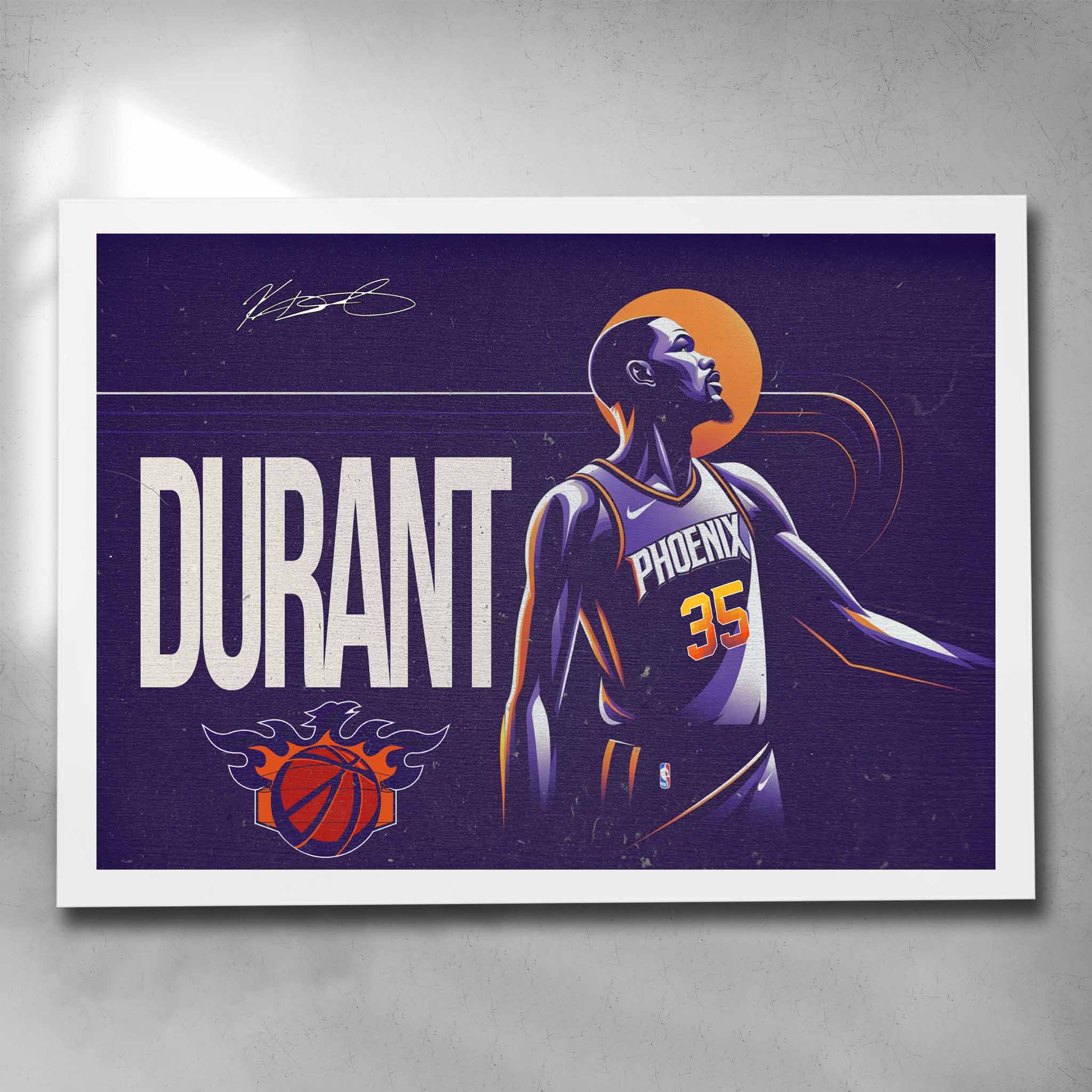 White framed basketball art by Sports Cave, featuring NBA star Kevin Durant from the Pheonix Suns.