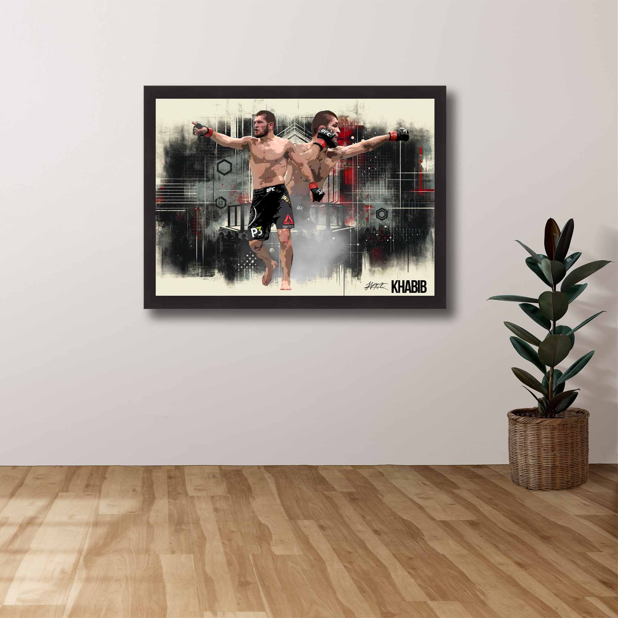 UFC fan house with a framed print of Khabib Nurmagomedov showcased on the wall.