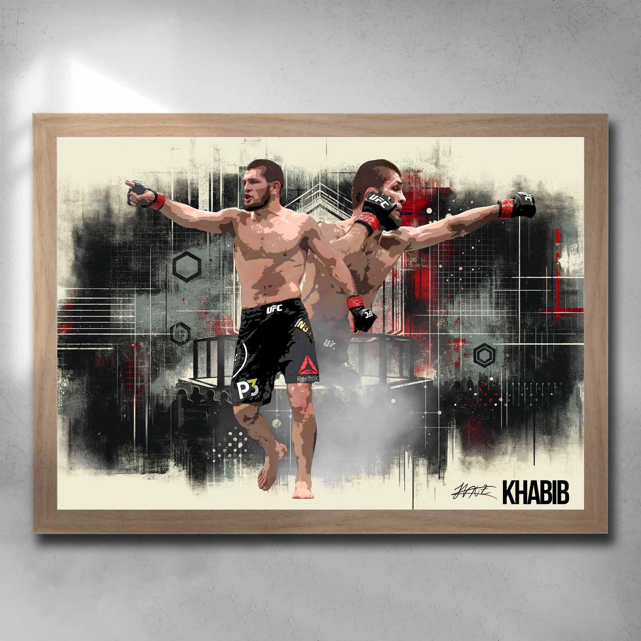 Oak framed UFC art by Sports Cave, featuring MMA star Khabib Nurmagomedov.