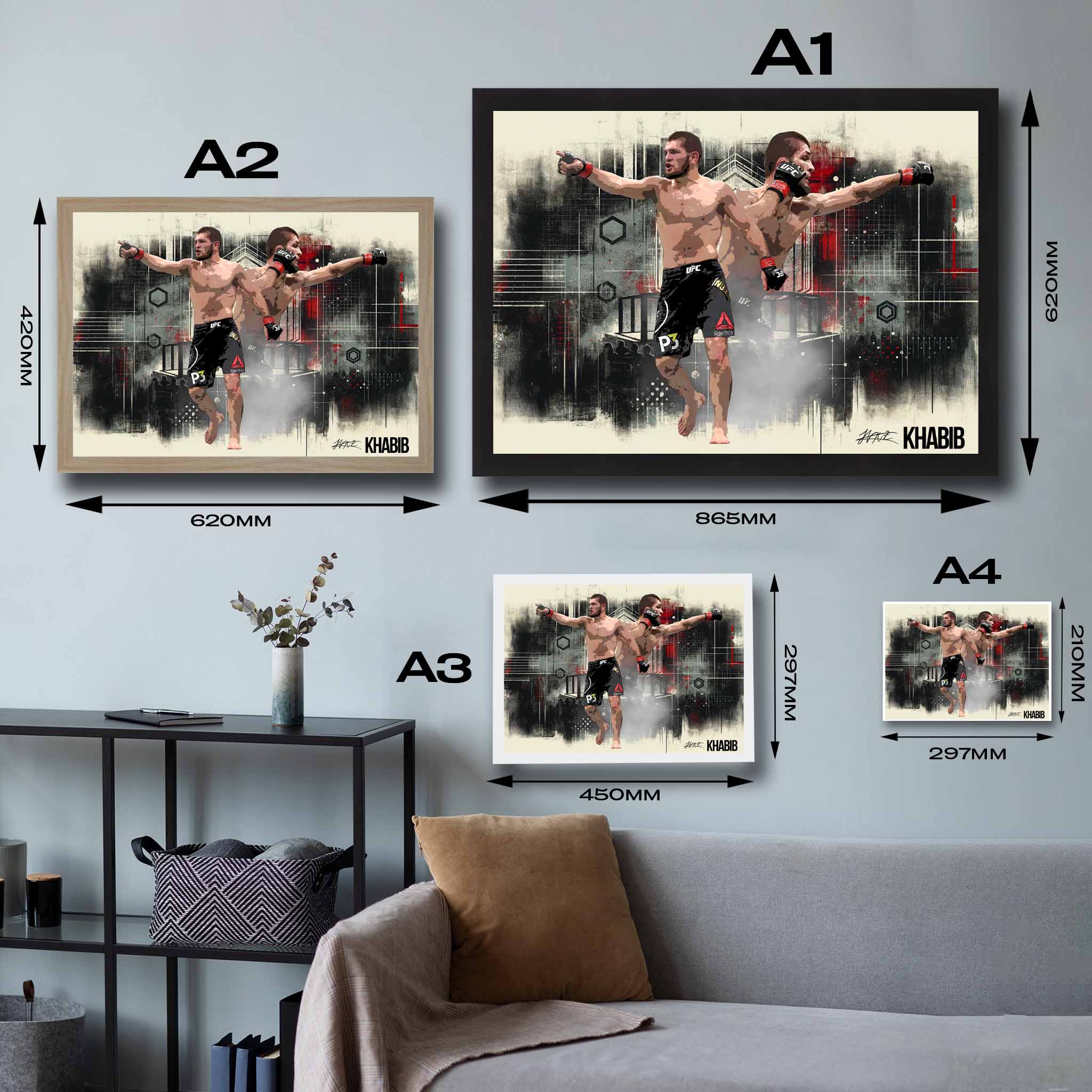 Visual representation of Khabib Nurmagomedov framed art size options, ranging from A4 to A2, for selecting the right size for your space.