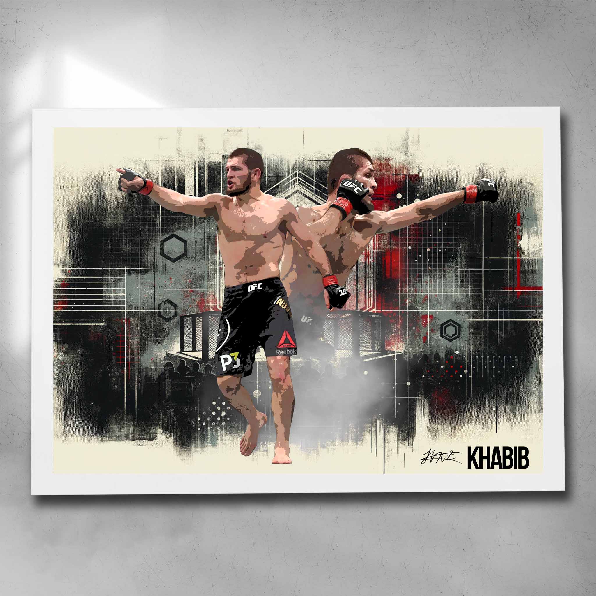 White framed UFC art by Sports Cave, featuring MMA star Khabib Nurmagomedov.