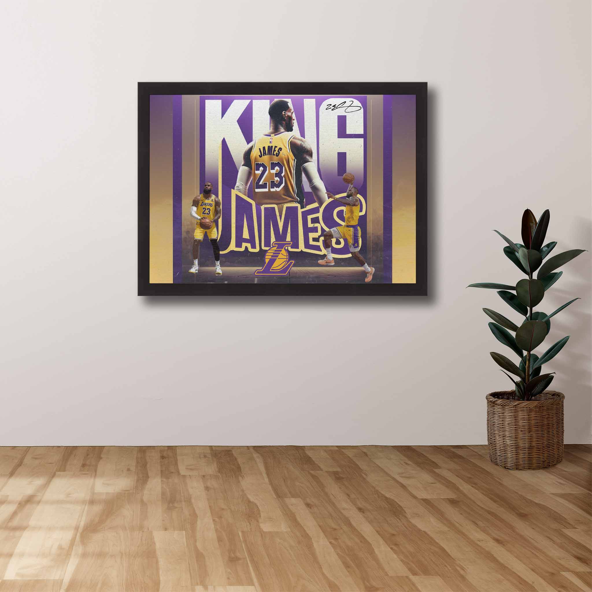 Devoted LA Lakers fan's tribute: King James framed art proudly displayed on the wall.