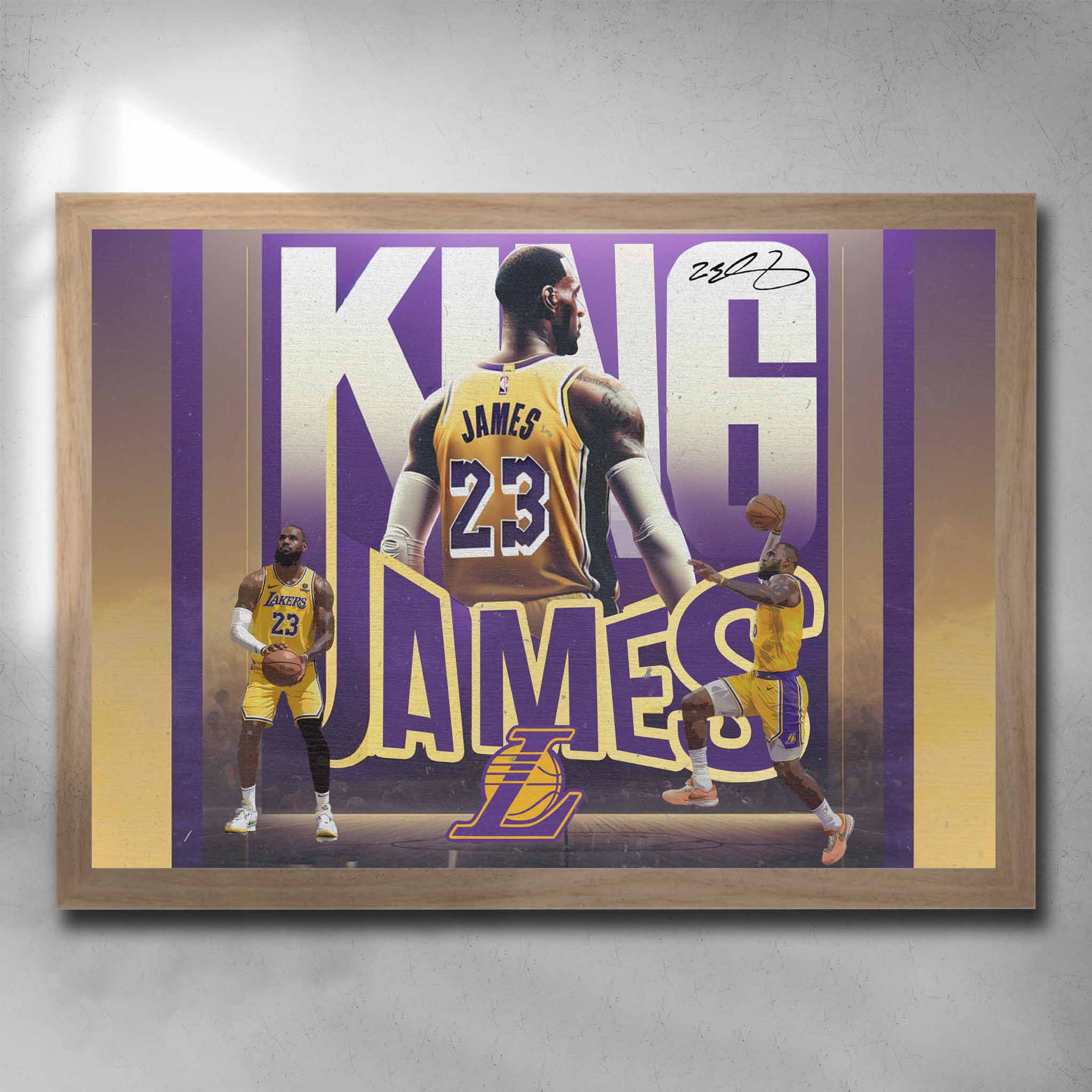 Oak framed NBA art by Sports Cave featuring King Lebron James from the Las Angeles Lakers.