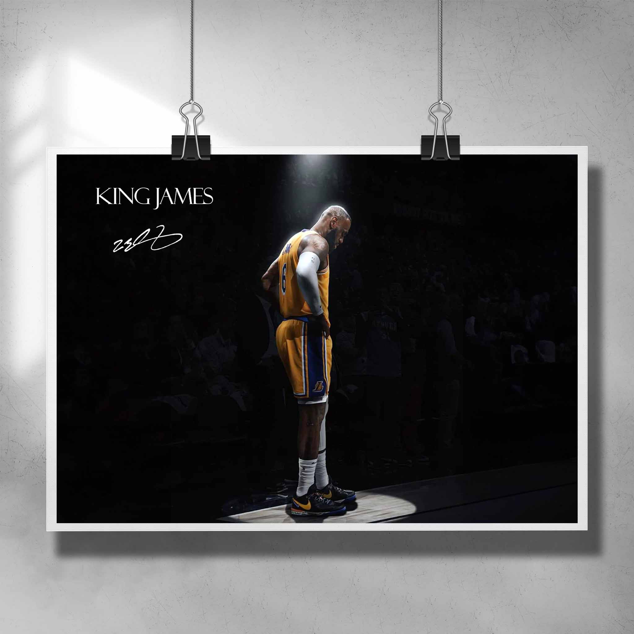 Unique King Lebron James poster by Sports Cave, showcasing the legendary basketball icon spotlighted against a blurred audience background.