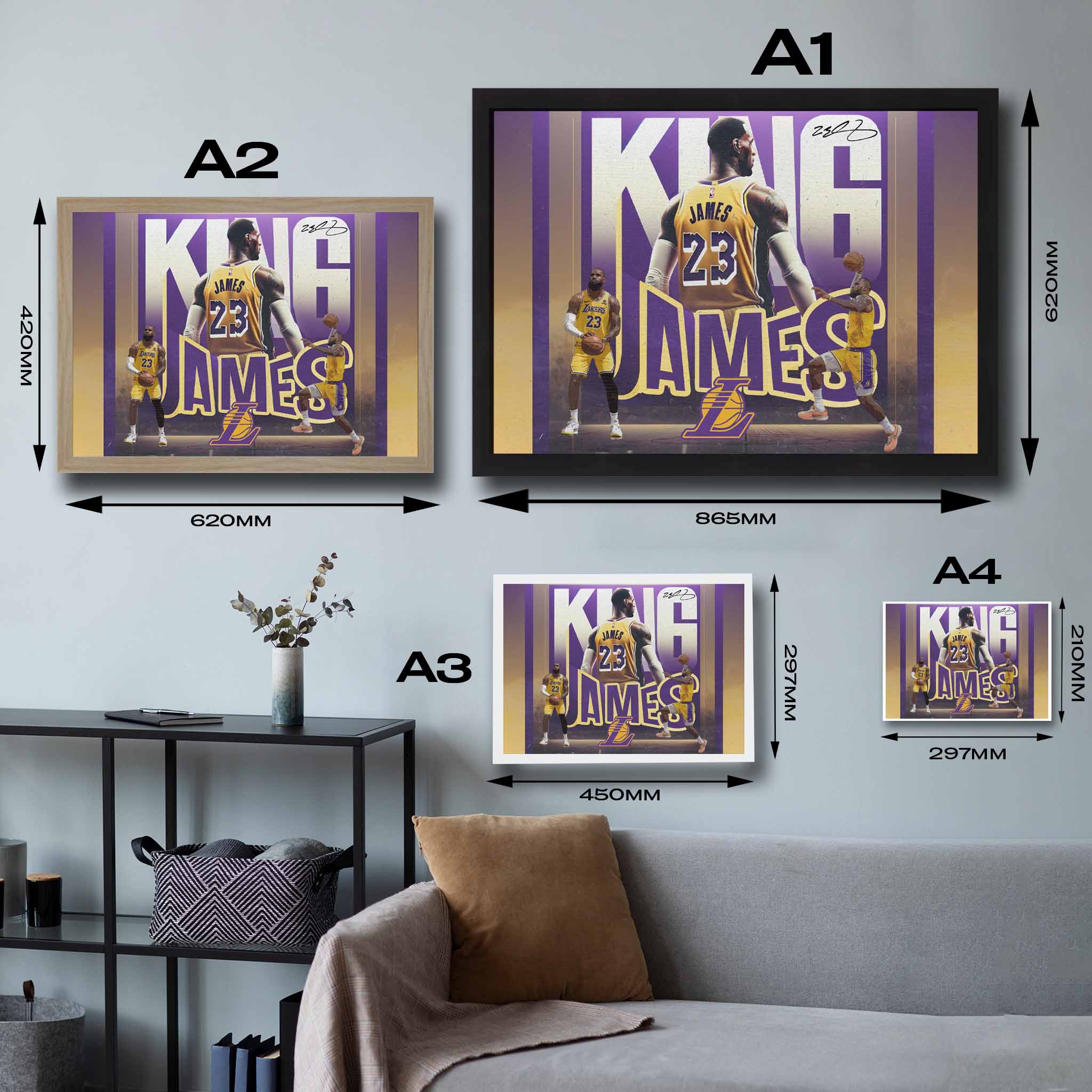 Visual representation of King James framed art size options, ranging from A4 to A2, for selecting the right size for your space.