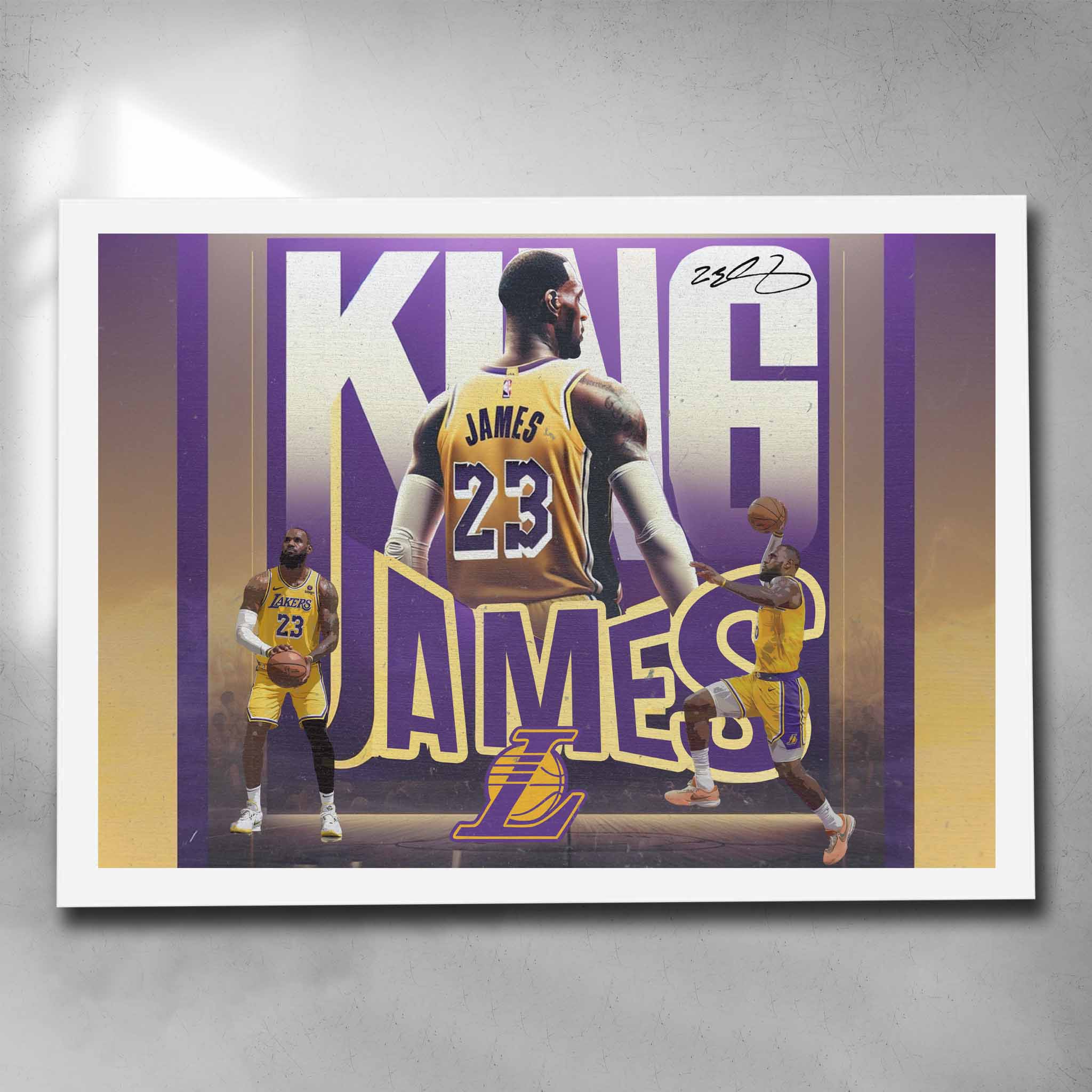 White framed NBA art by Sports Cave featuring King Lebron James from the Las Angeles Lakers.