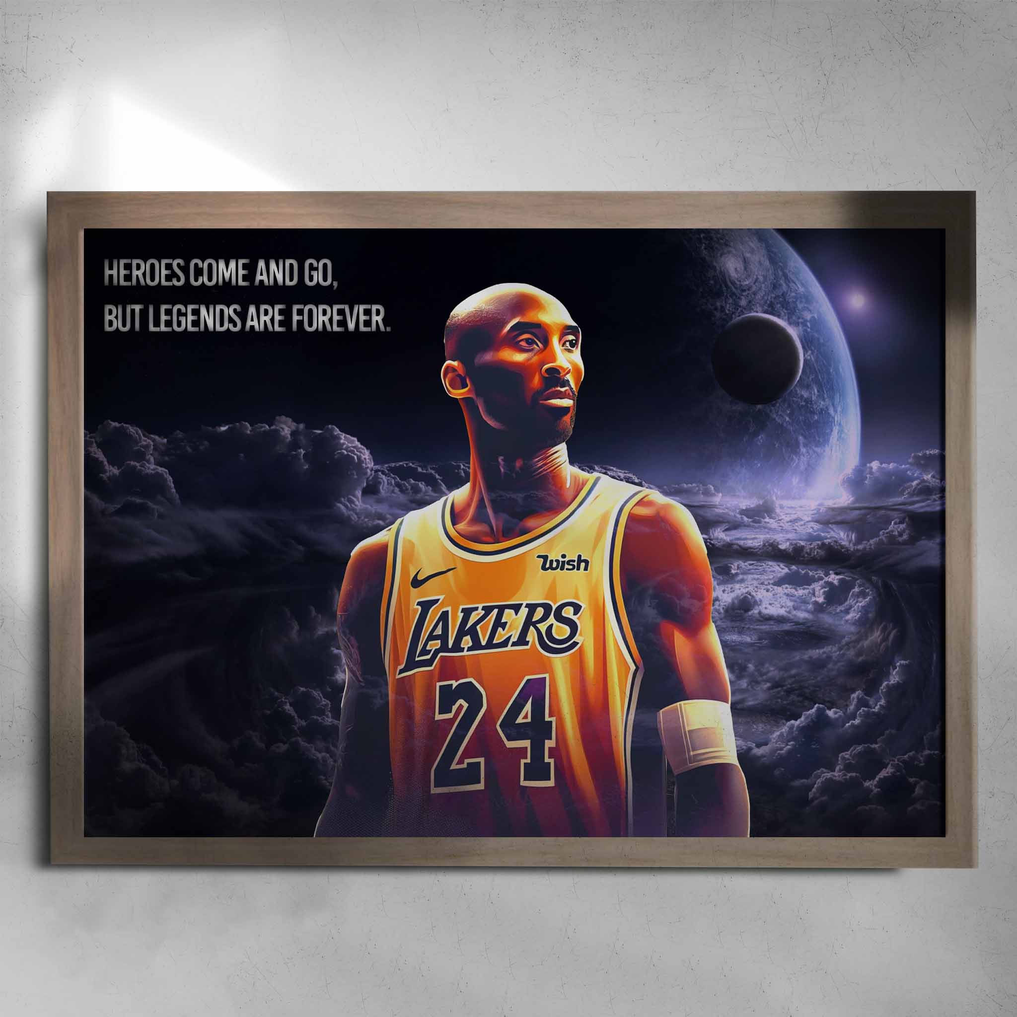 Oak framed NBA Art featuring Kobe Bryant from the Las Angeles Lakers - Artwork by Sports Cave.