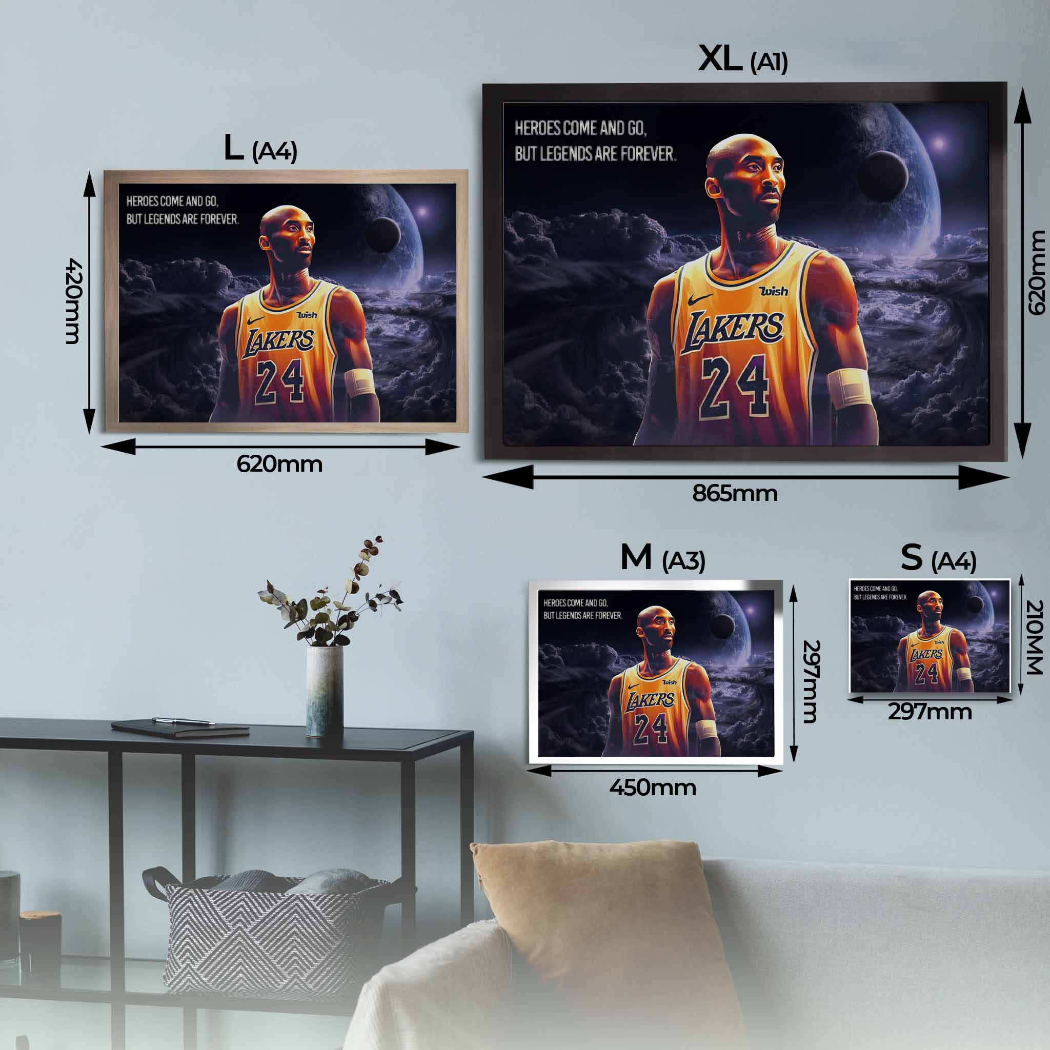 Kobe Bryant Tribute Framed Poster Sizing Guide.