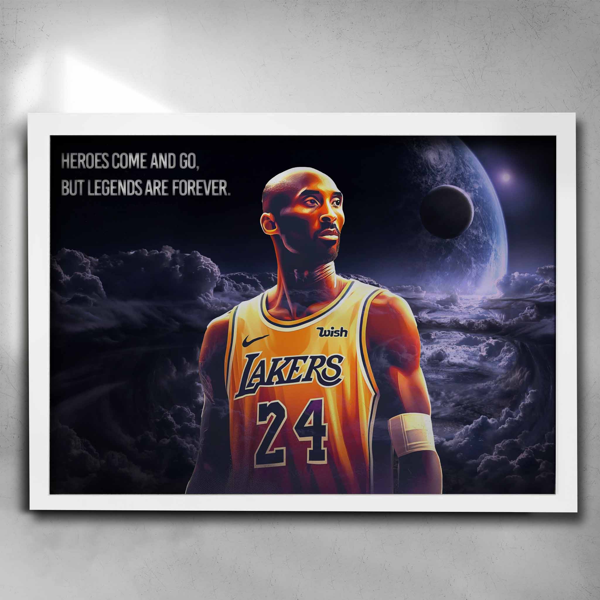 White framed NBA Art featuring Kobe Bryant from the Las Angeles Lakers - Artwork by Sports Cave.