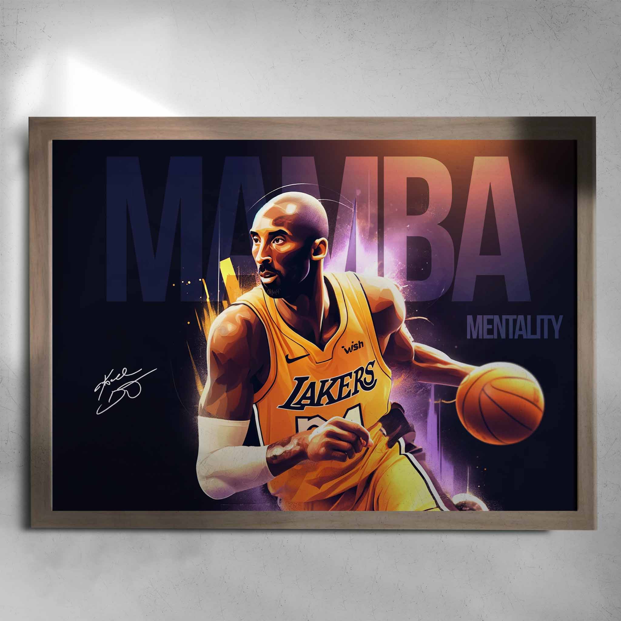 Oak framed NBA art by Sports Cave, featuring Kobe Bryant from the LA Lakers - Mamba Mentality.