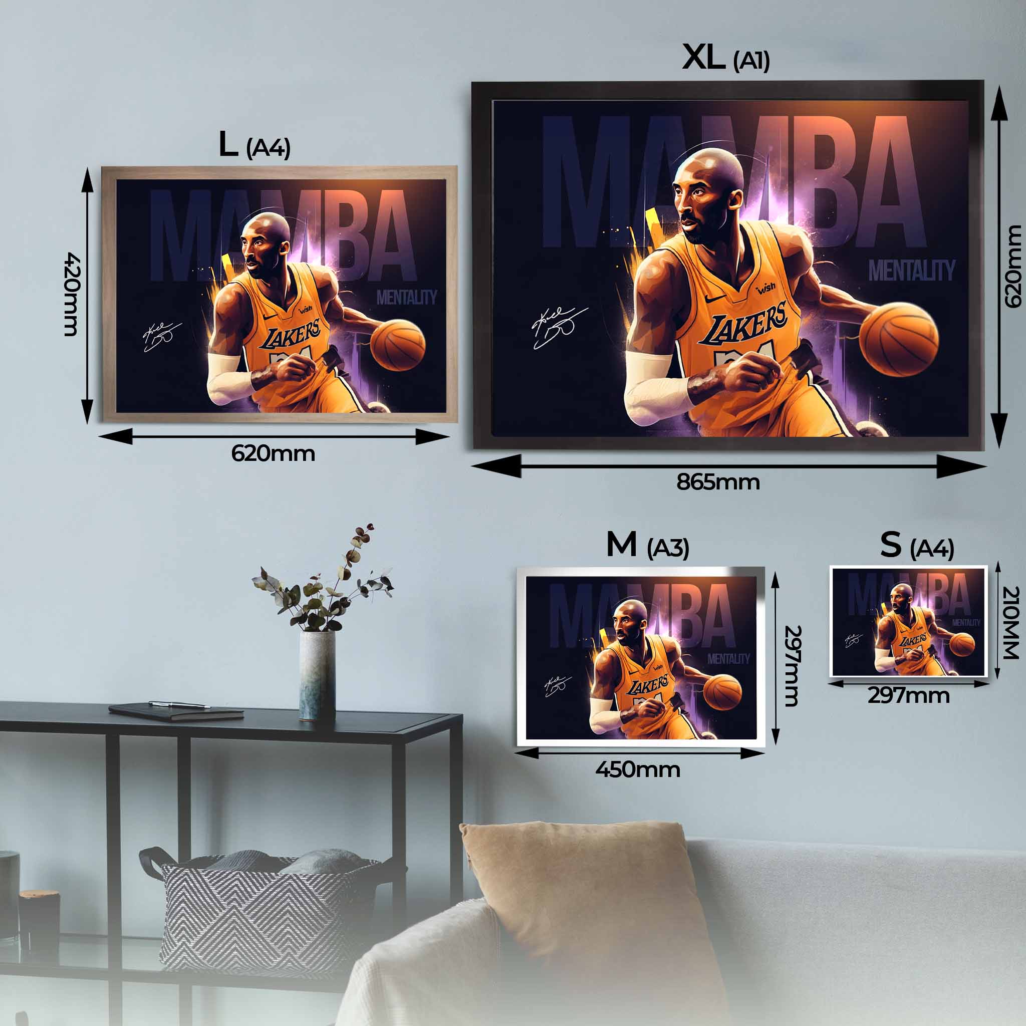 Visual representation of Kobe Bryant framed art size options, ranging from A4 to A1, for selecting the right size for your space.