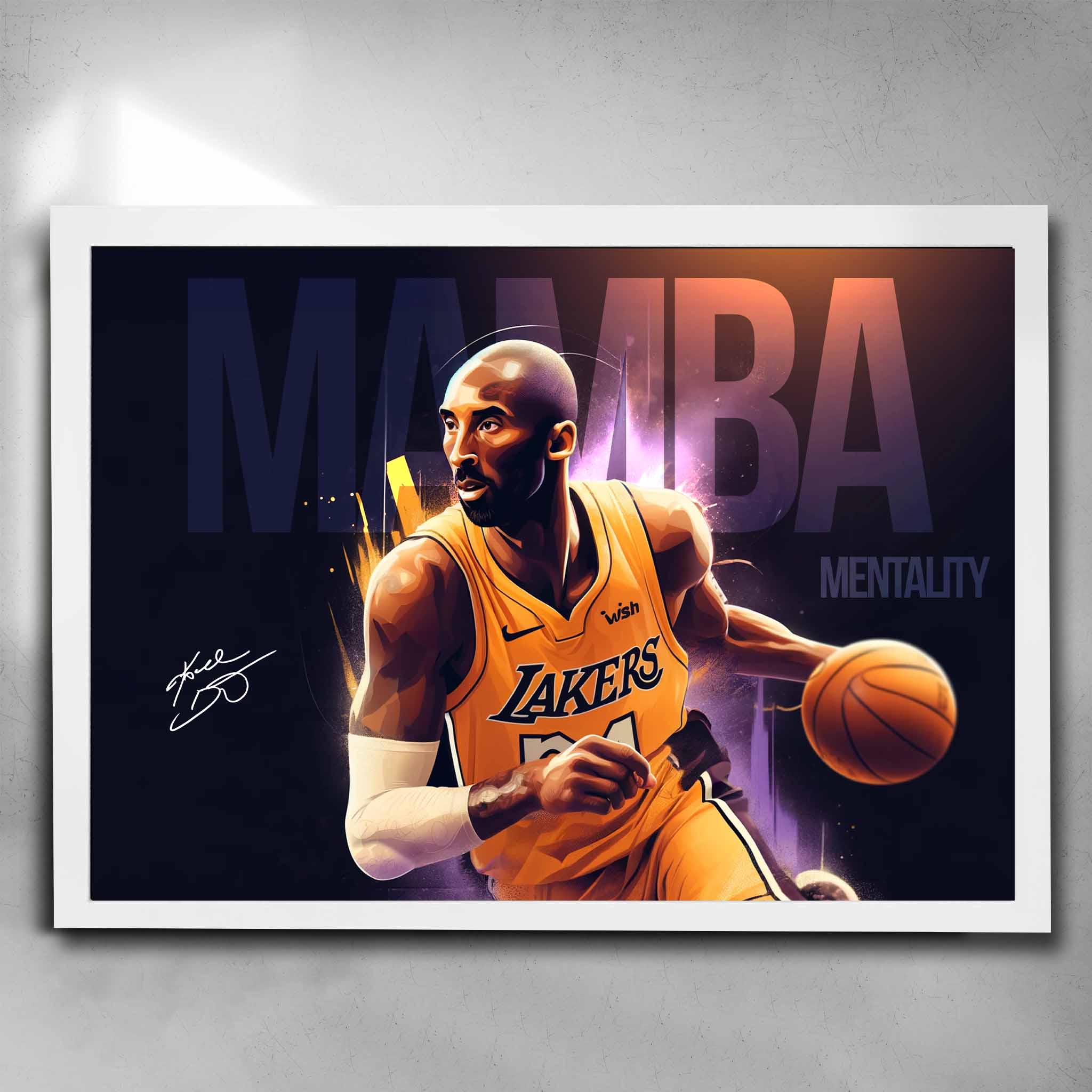 White framed NBA art by Sports Cave, featuring Kobe Bryant from the LA Lakers - Mamba Mentality.